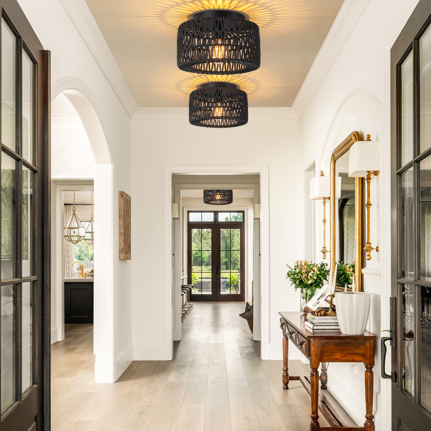 Sinerise Rattan Ceiling Light Fixtures (12-Inch, Led Bulb Included), Hand-Woven Boho Flush Mount Ceiling Light, Rattan Chandelier For Hallway Kitchen Farmhouse Foyer Entryway Living Room(Black)
