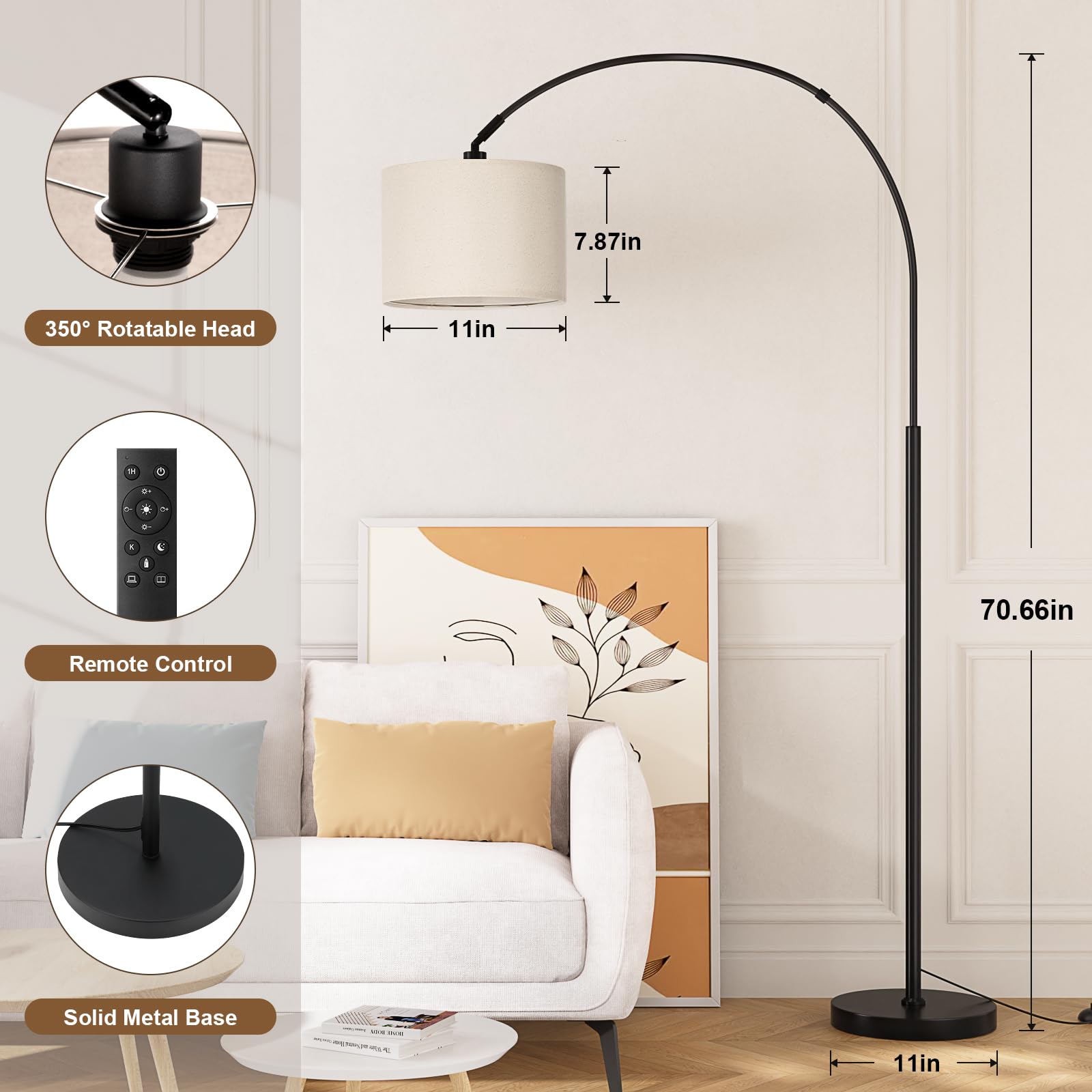 Ambimall 70" Dimmable Arc Floor Lamp with Remote, Adjustable Brightness & Color, Beige and Black Over Couch Reading Light
