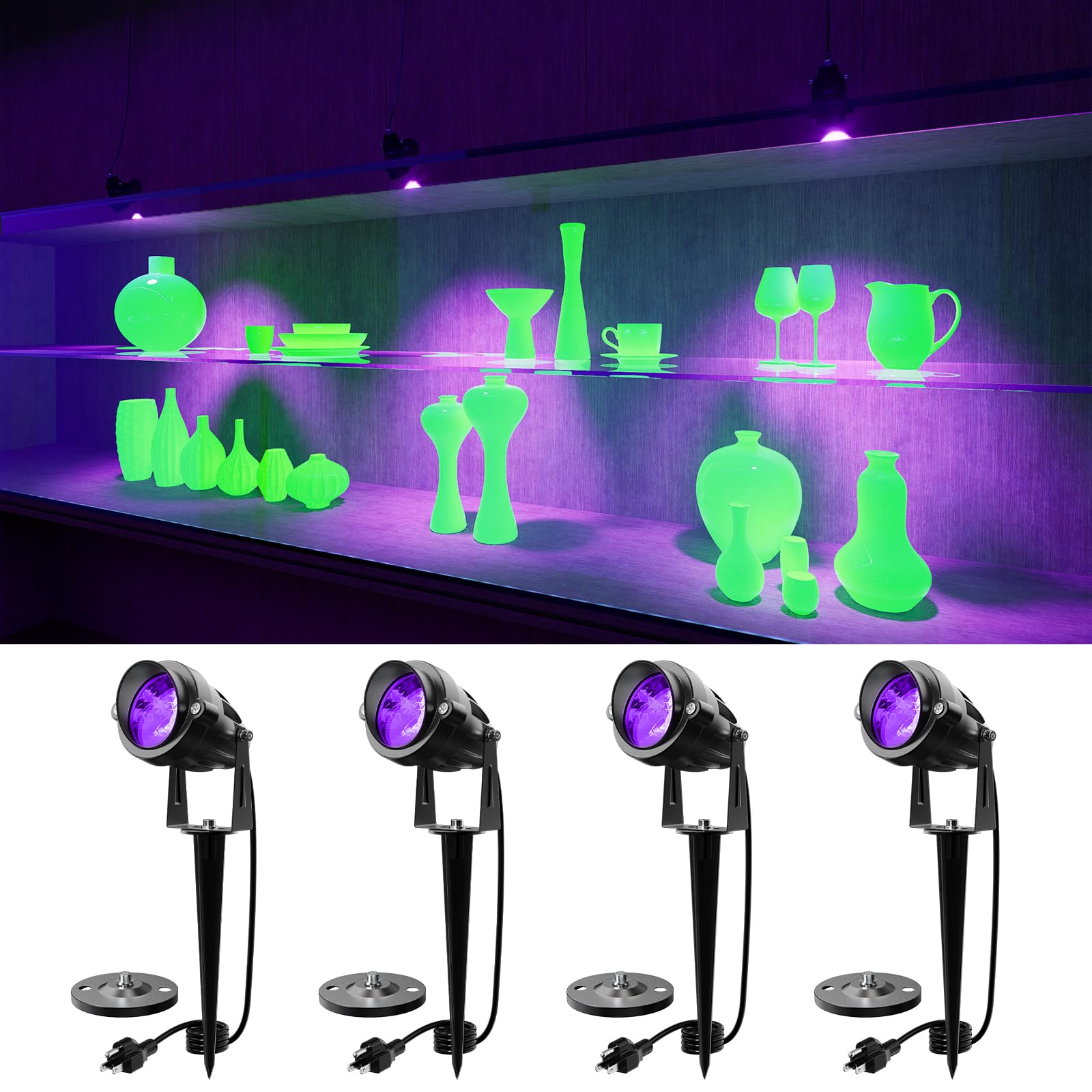 4 Pack Halloween Uv Landscape Spotlights For Outdoor Front Yard Waterproof Wired 120V Blacklight Spot Lights For Skeleton  Pumpkin  Ghost  Tree  Purple Ambiance Lighting For Porch  House  Wall  Lawn