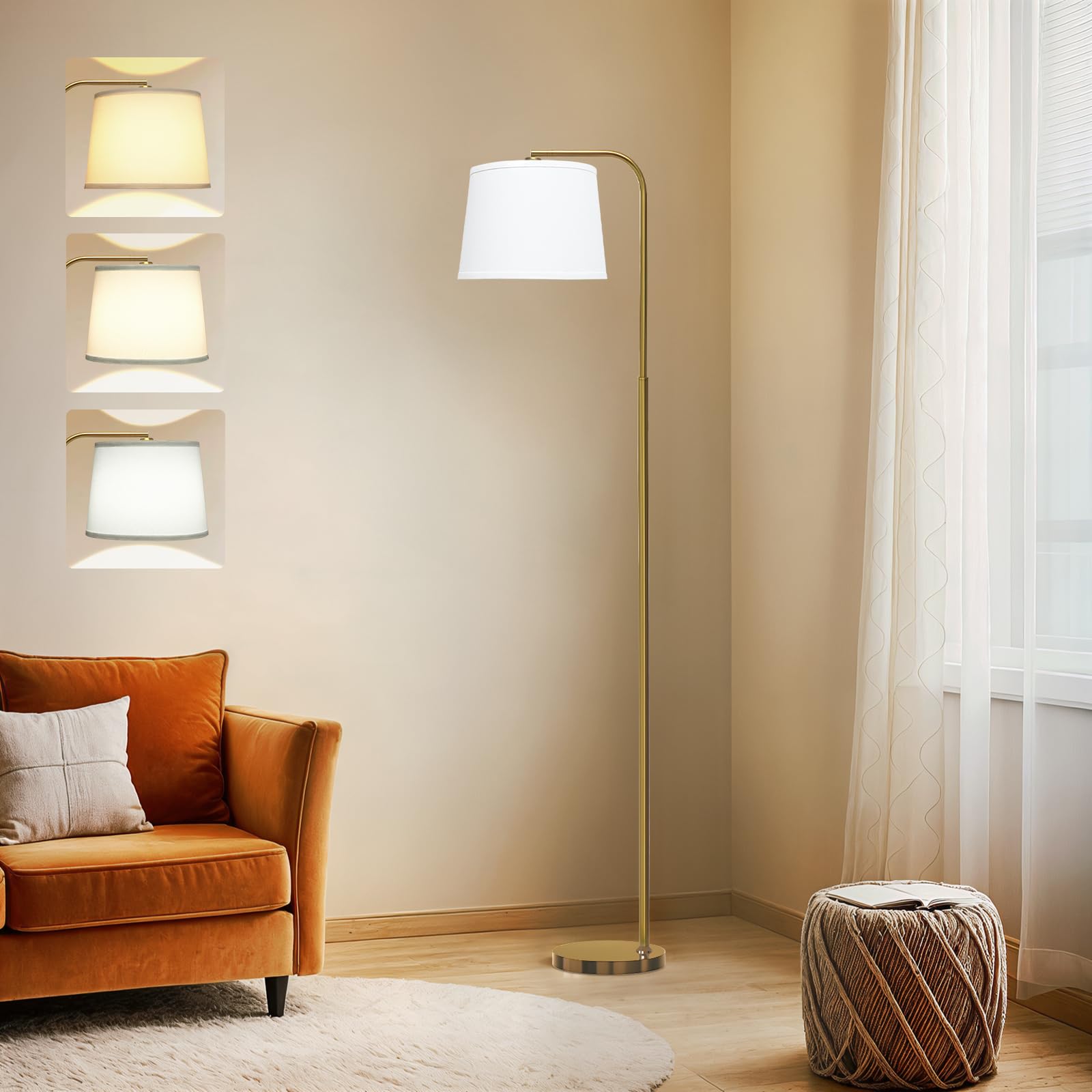 AKASUKI Floor Lamp with 3 Color Temperatures, 9W LED Bulb, Gold Base, White Shade, Model LT-1125