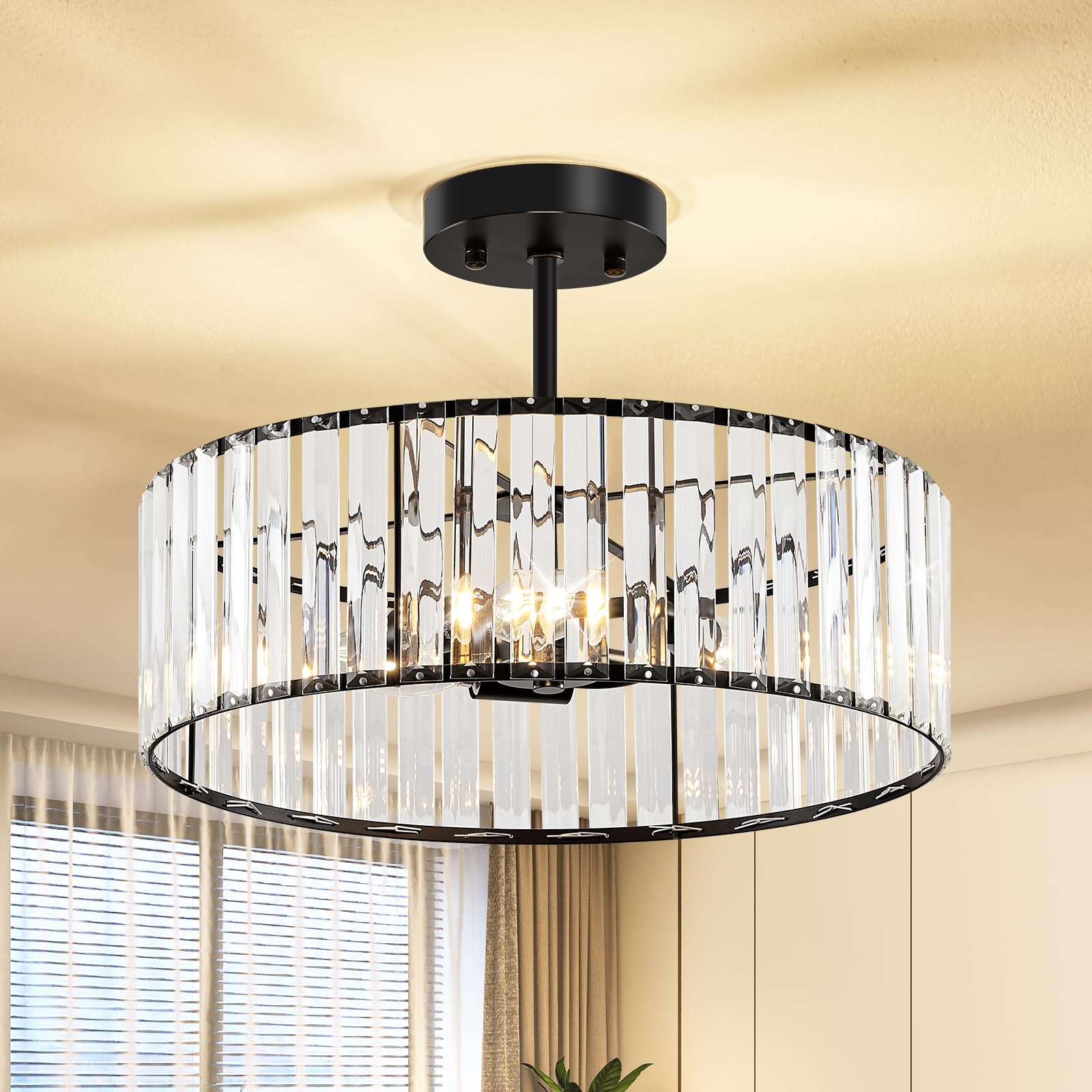 Violoemi Modern Black Semi Flush Mount Ceiling Light Crystal 3-Light Light Fixture 15.75 Inch Kitchen Ceiling Lighting For Living Room Bedroom Dining Room Bathroom Entryway(Bulb Not Included)