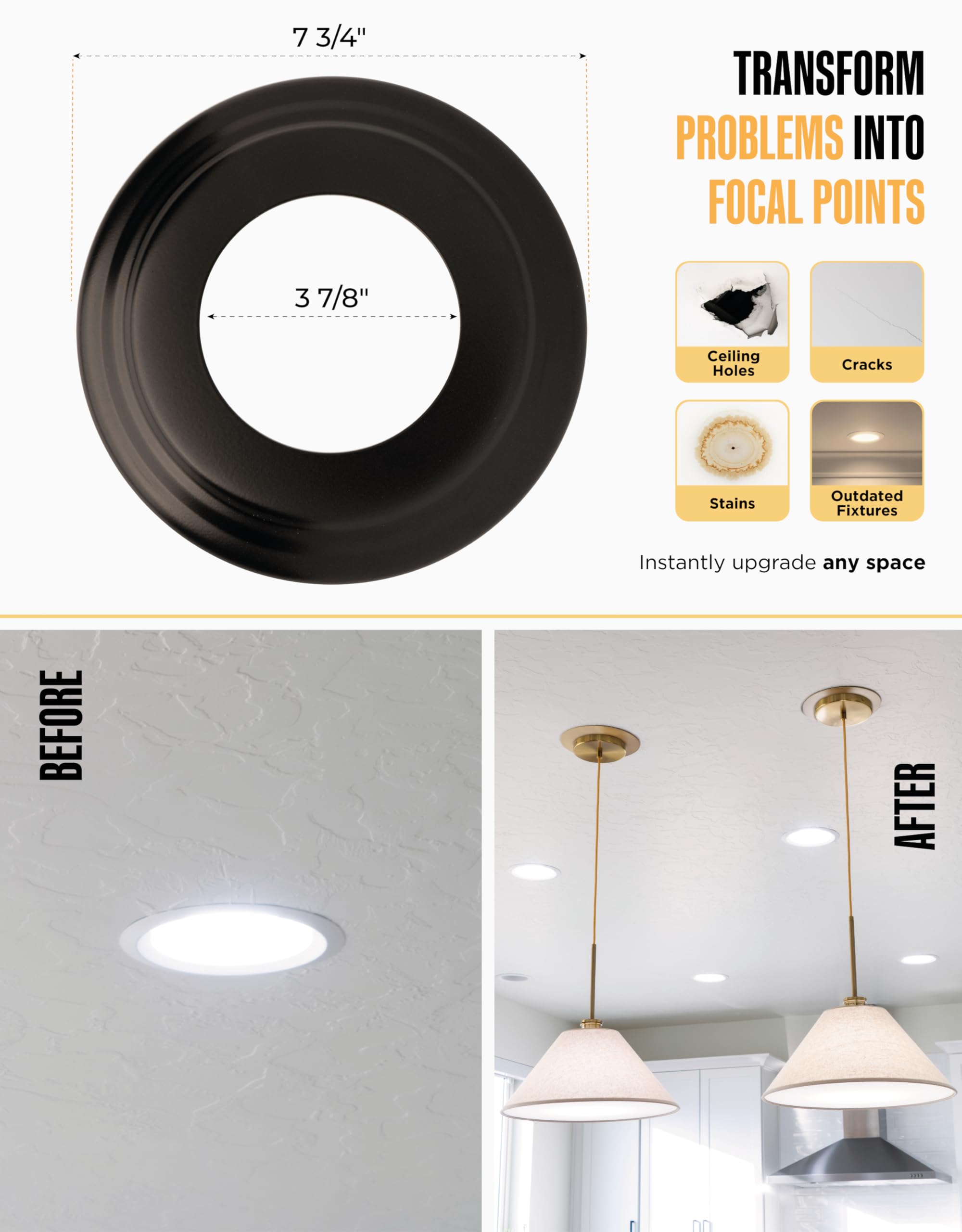 The Can Converter R56 Recessed Light Conversion Kit, 7"¾ Flat Medallion, Matte Black, UL Certified for 5" & 6" Cans, Fan & Light Fixture