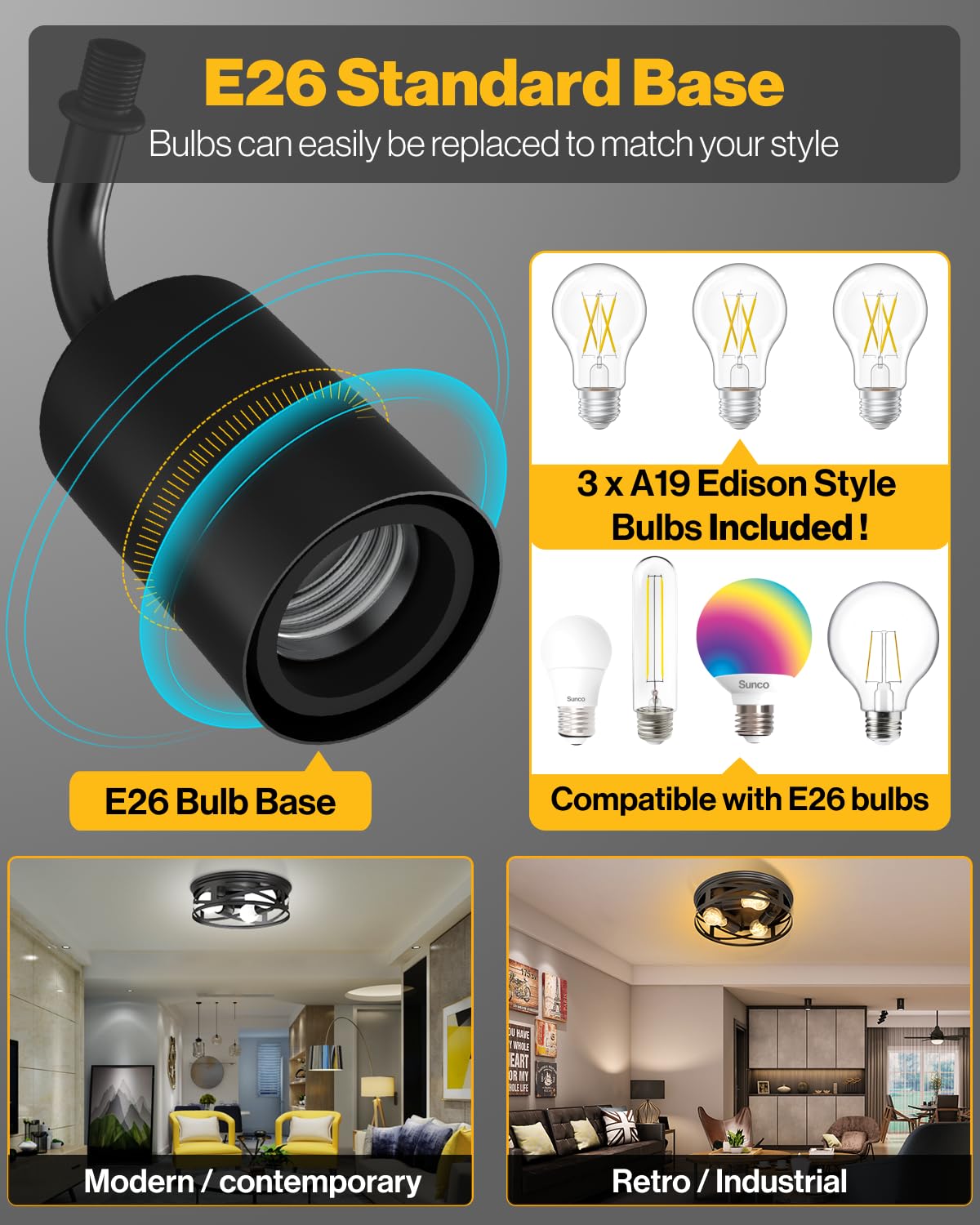 Sunco Lighting Arcadia 3-Light Flush Mount Ceiling Light Fixture, Matte Black, Steel, E26 Base, Dimmable, 2 Pack