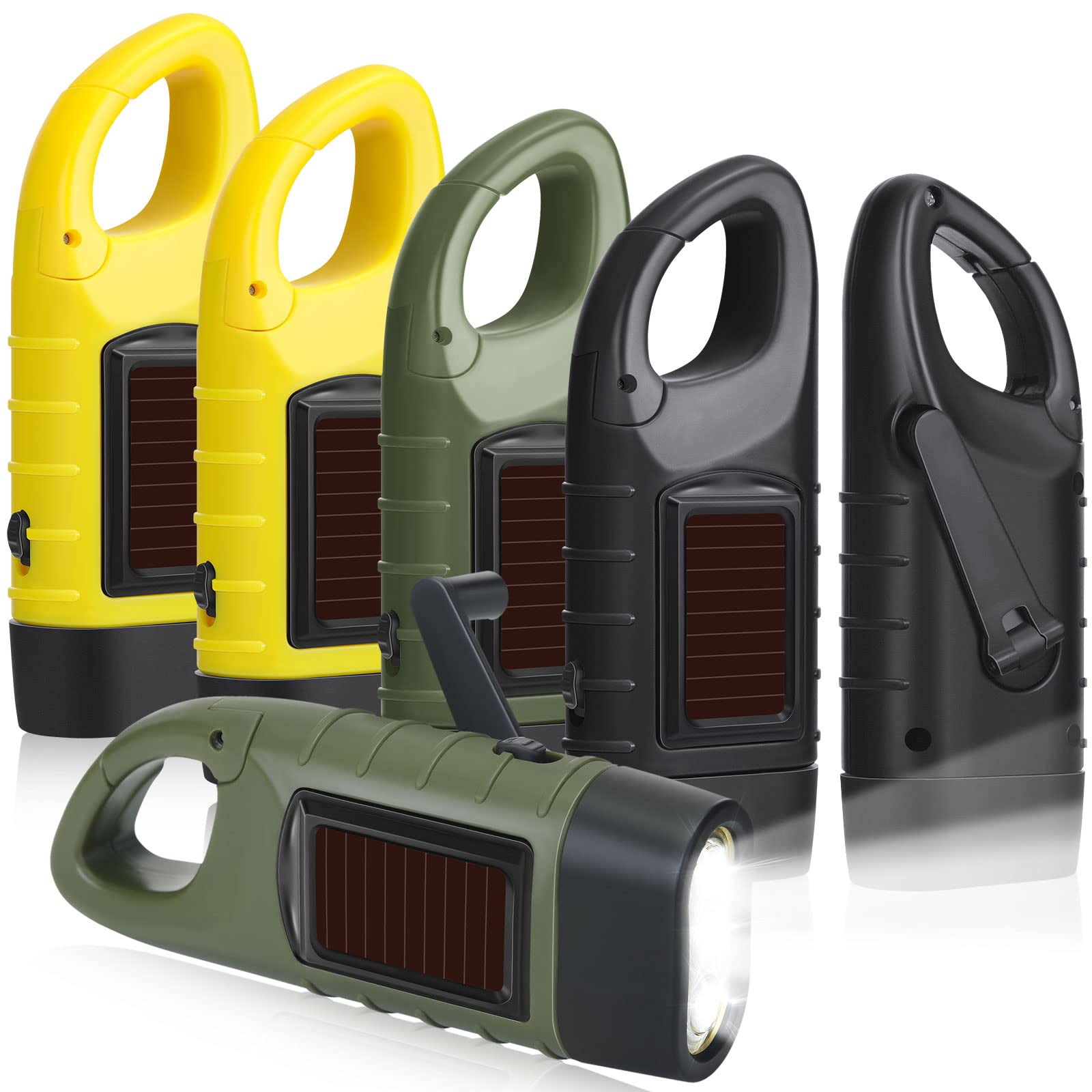 Mudder Hand Crank Solar Powered Flashlight, Emergency LED, Rechargeable, Green Yellow Black