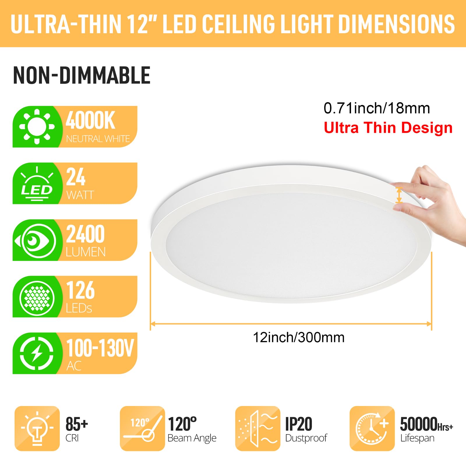 Sunrider Led Flush Mount Ceiling Light Fixture, 4000K Neutral White, 2400Lm, 12 Inch 24W Round Ceiling Lights, 240W Equiv. Panel