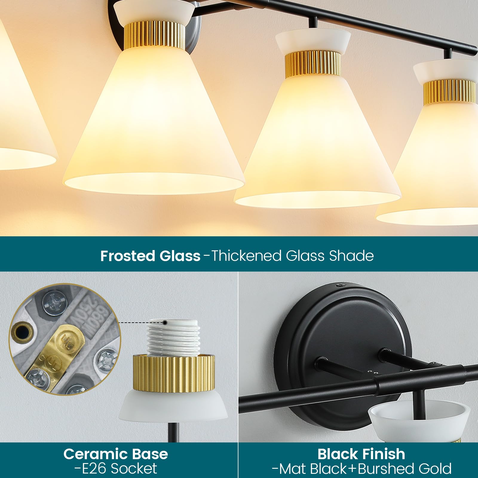WOSHITU Bathroom Vanity Light Fixtures: 4-Light Mid Century Modern Vanity Lights for Bathroom Over Mirror, Black and Gold Wall S