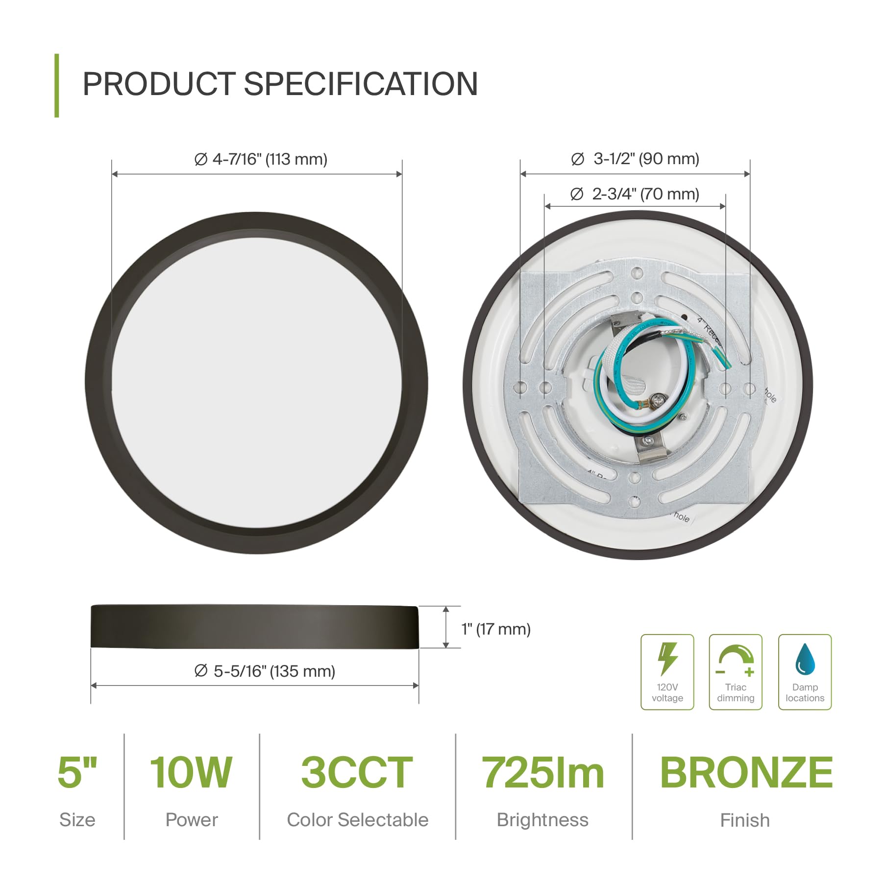 ASD LED 5 Round Flush Mount Light | 10W 720LM 3000-5000K 120V | 3CCT, Dimmable, Ultra Slim, ETL Listed | Thin Surface Lamp, Bedr