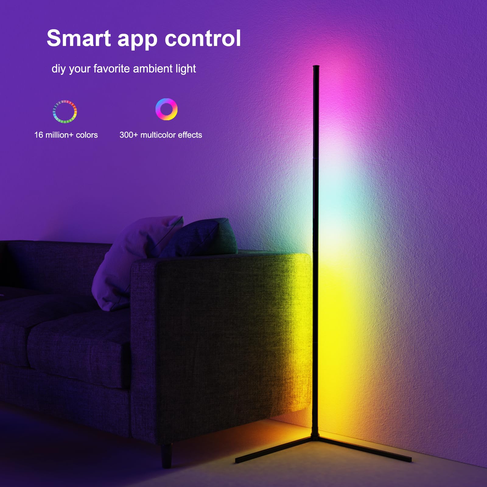 Pirvlin Corner Floor Lamp, 60”Smart Rgb Led Floor Lamp With App And Remote Control,High Brightness Led,16 Million Colors, Music Sync, Timer Setting, Mood Lighting,Ideal For Living Rooms, Bedrooms.
