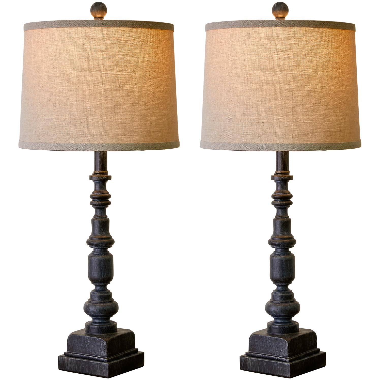 Oneach Vintage Farmhouse Usb Table Lamps Set Of 2, 27.75”, Antique Black Resin, Traditional Nightstand Lighting For Living Room & Bedroom