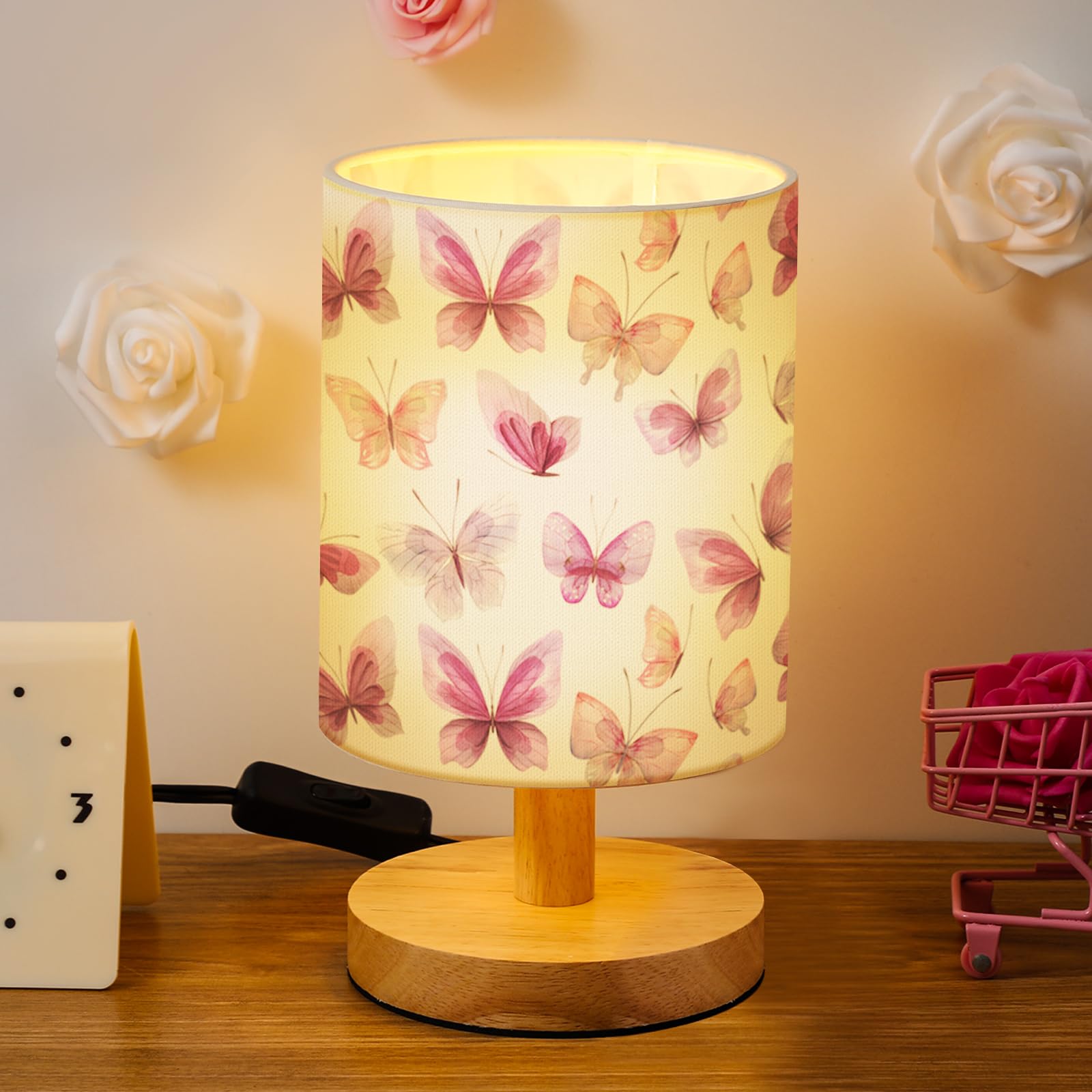 VIHOSE Butterfly Table Lamp for Bedroom Kids Bedside Lamp with Linen Wooden Nightstand Lamp Cartoon Nursery Lamp Lampshade for G