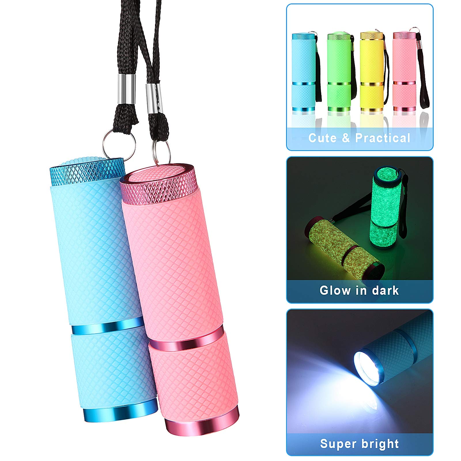 Mudder 8 Pieces Glow in Dark Flashlights 9 LED Rubber Coated Mini Torch Portable in Green, Yellow, Blue, Pink