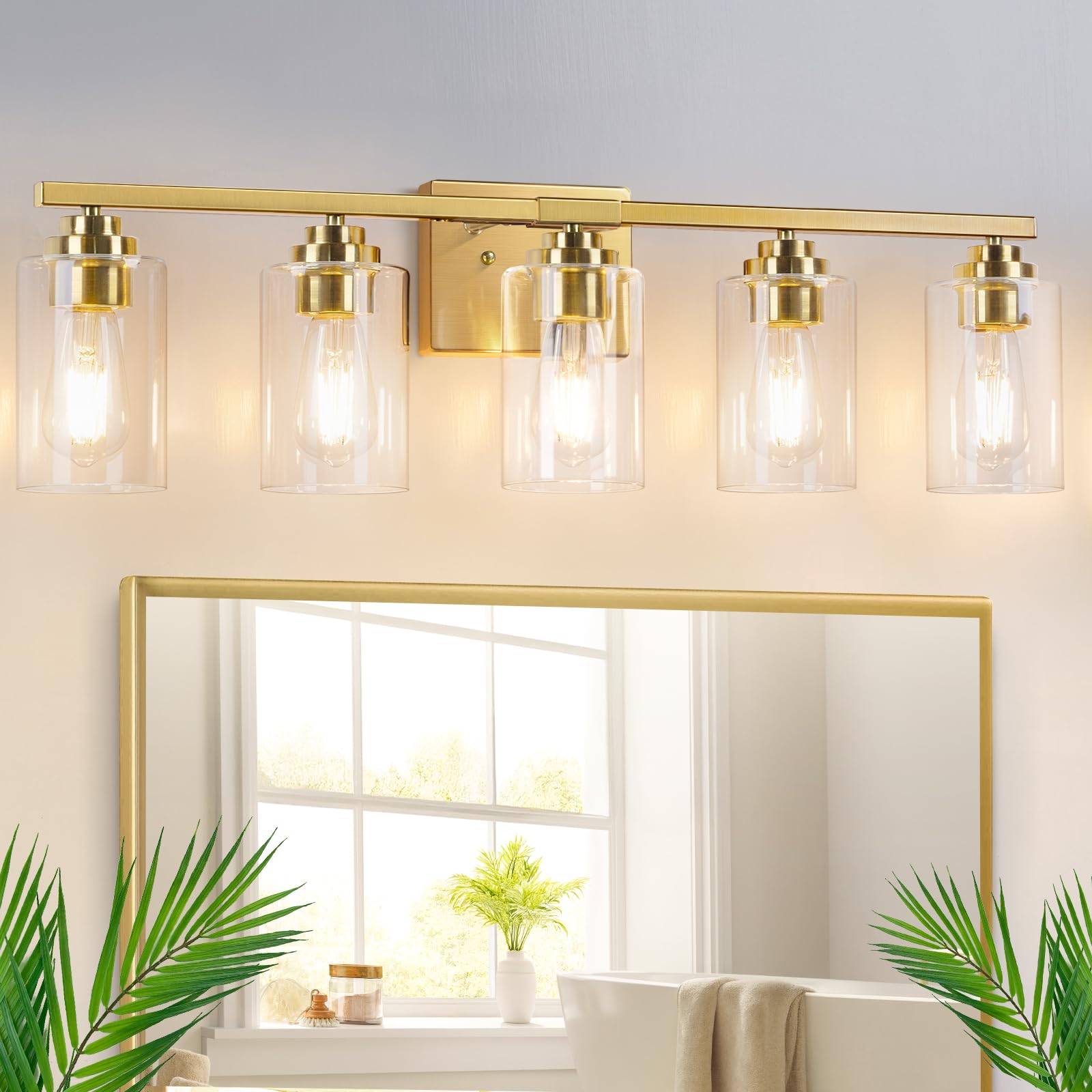 VerRon 5-Light Gold Bathroom Light Fixtures  31 Modern Vanity Lights Over Mirror with Clear Glass Shades Brushed Gold Wall Light Fixture for Bathroom Mirror Bedroom Porch  Hardwired Wall Sconces
