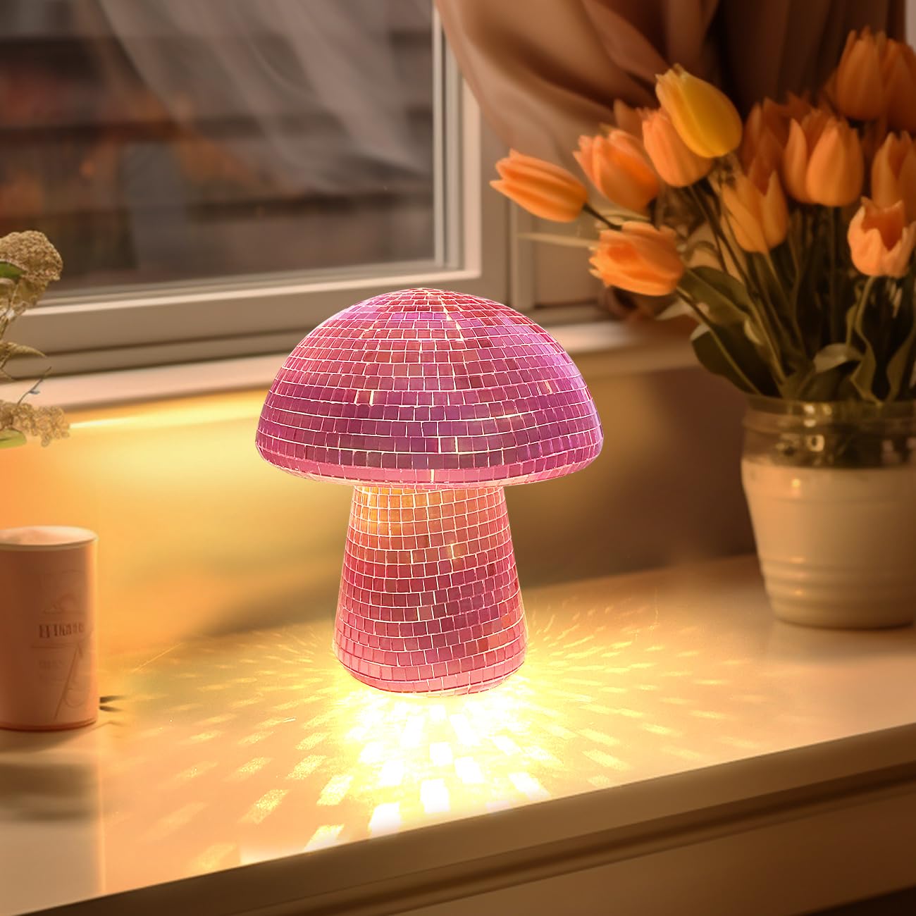 IJG Mushroom Disco Ball with Lights, 6 Inch Pink Plastic Home Art Decoration, Retro Design