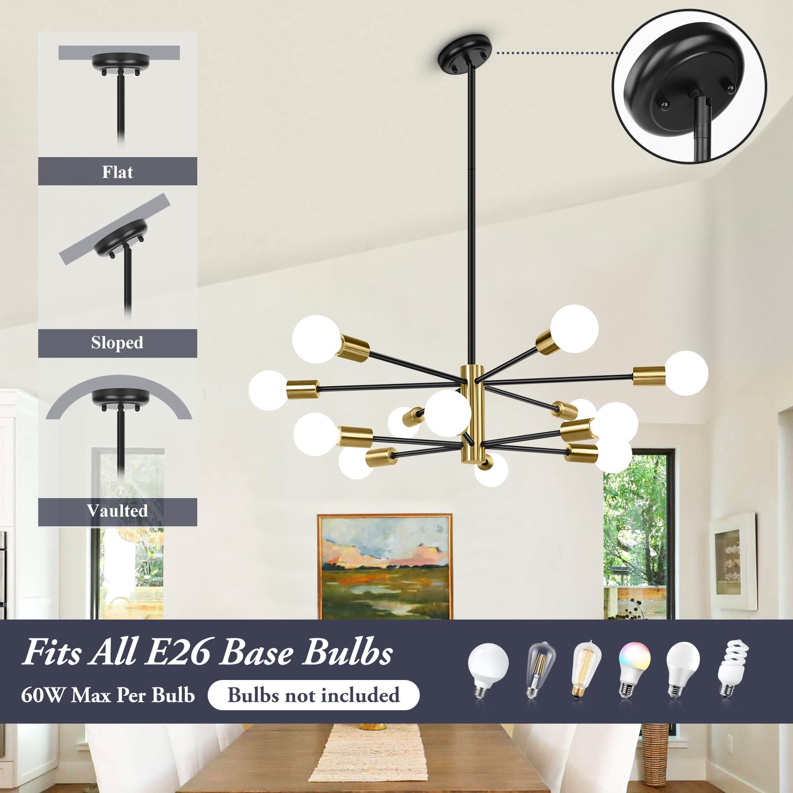 Beslowe 12-Light Modern Sputnik Chandelier, Mid Century Black & Gold Chandeliers Lighting, Farmhouse Ceiling Hanging Light Fixtu