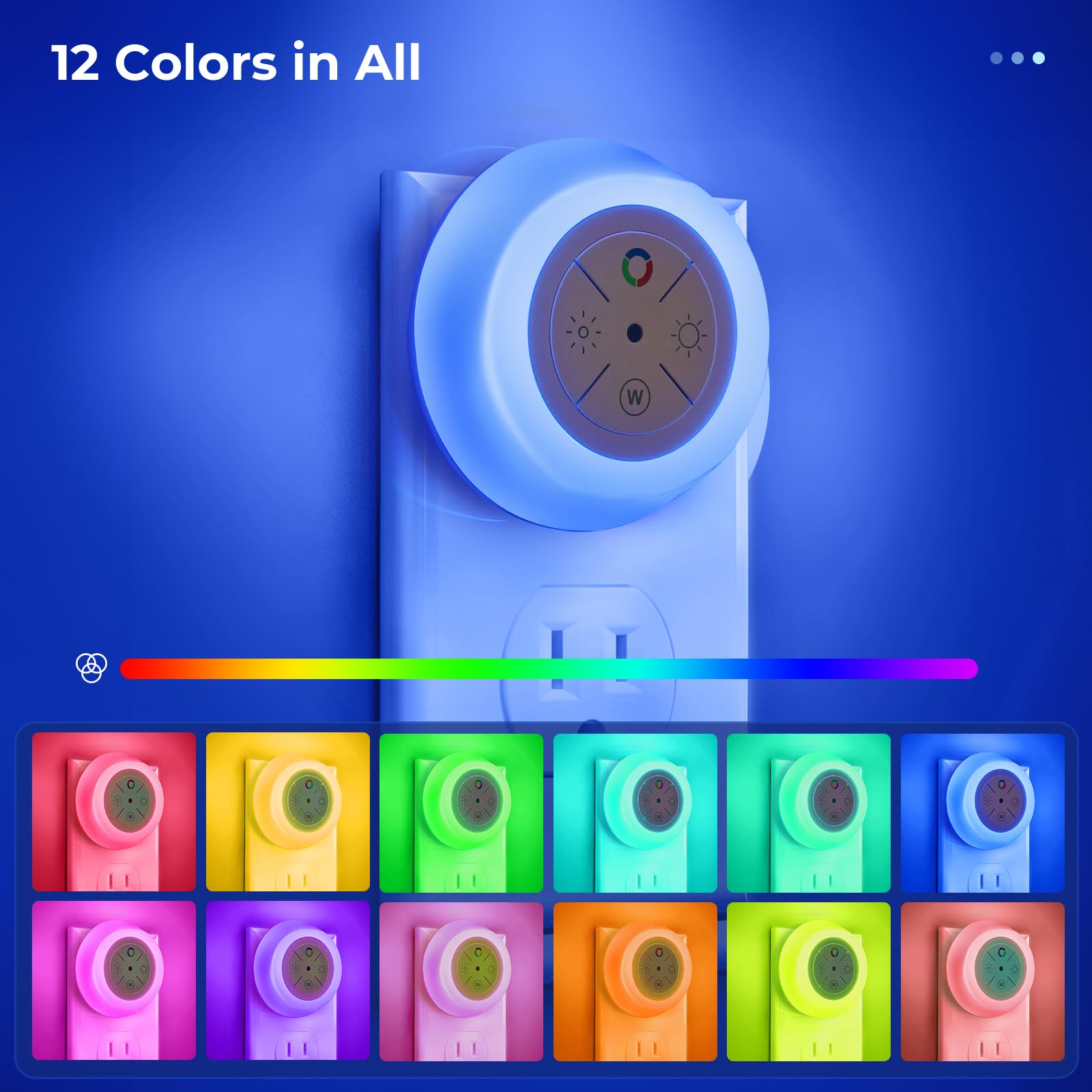 Dawnrise Dusk to Dawn Night Lights, 12-Color Changing LED, Plug-in Wall Lights, Dimmable for Bedroom, Kitchen, Kids Room, 2 Pack, White