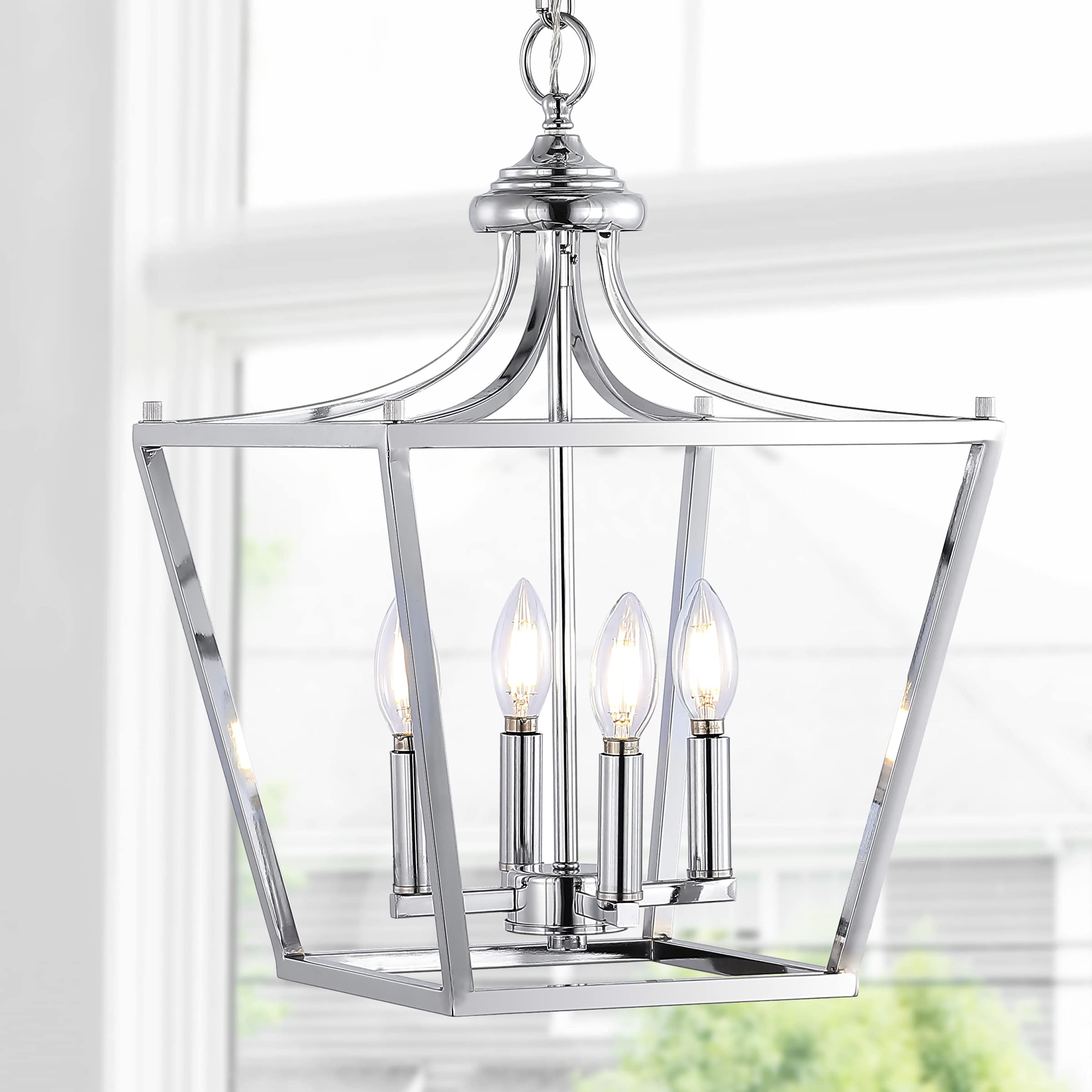 JONATHAN Y 4-Light Iron Pendant Lantern, 13in Chrome, Model JYL7561B, Classic Midcentury Style for Dining Room, Living Room, Kitchen