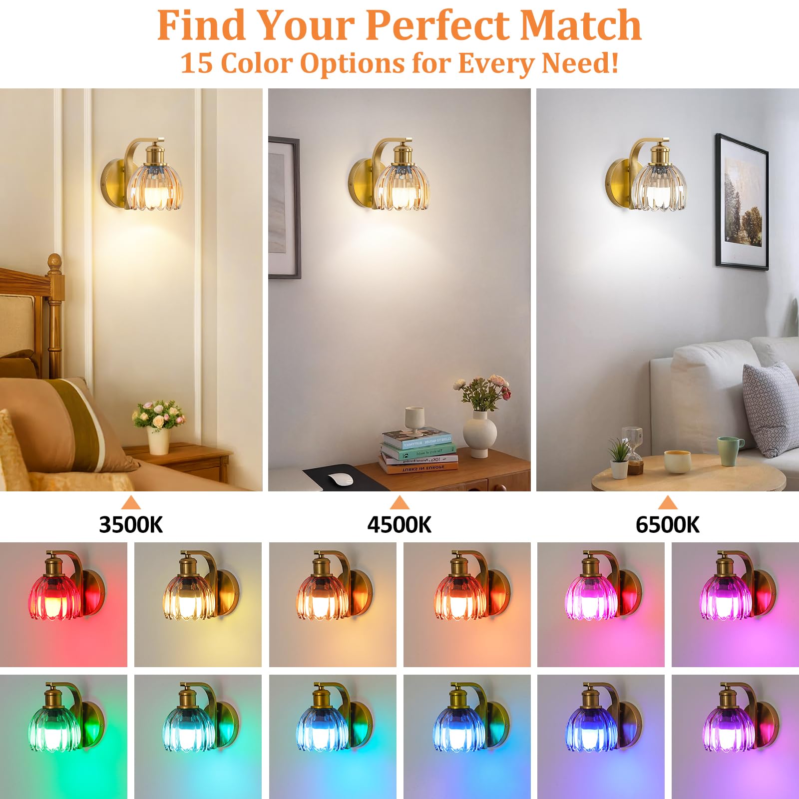 VerRon Rechargeable Wall Sconce Set of Two, Amber Glass, Wireless with Remote Control, 15 Colors, Metal, 2-Pack, Model B05092P(2PK)