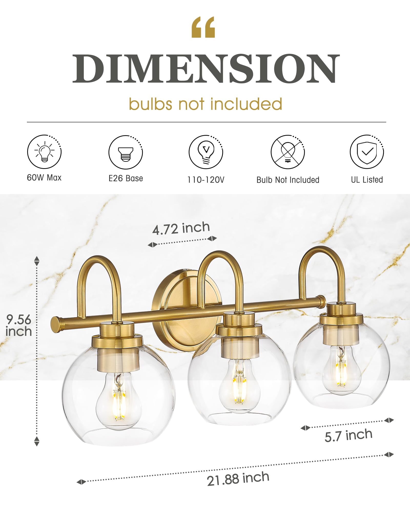 Audickic 3-Light Bathroom Light Fixtures, Brushed Gold Vanity Lighting with Clear Glass, Model AD-22280-3W-GD