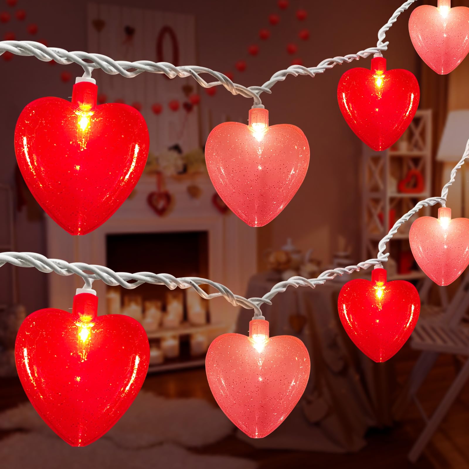 Oviejo Valentine Red & Pink Heart String Lights, 8.5FT Valentine's Day Decorations Lights with 10 Red Heart, Connectable Romantic Fairy Lights for Valentine, Wedding, Anniversary Party Decorations