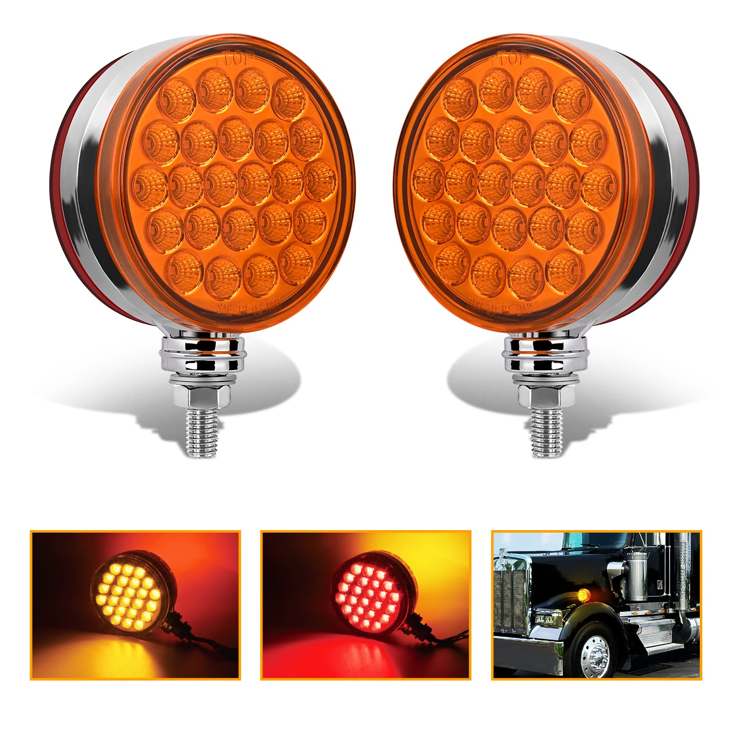 Nilight Round Double Face Fender Pedestal Light 2Pcs 48Led Amber Red Brake Turn Marker Tail Lights W/Stud Mount For Mack Kenwort