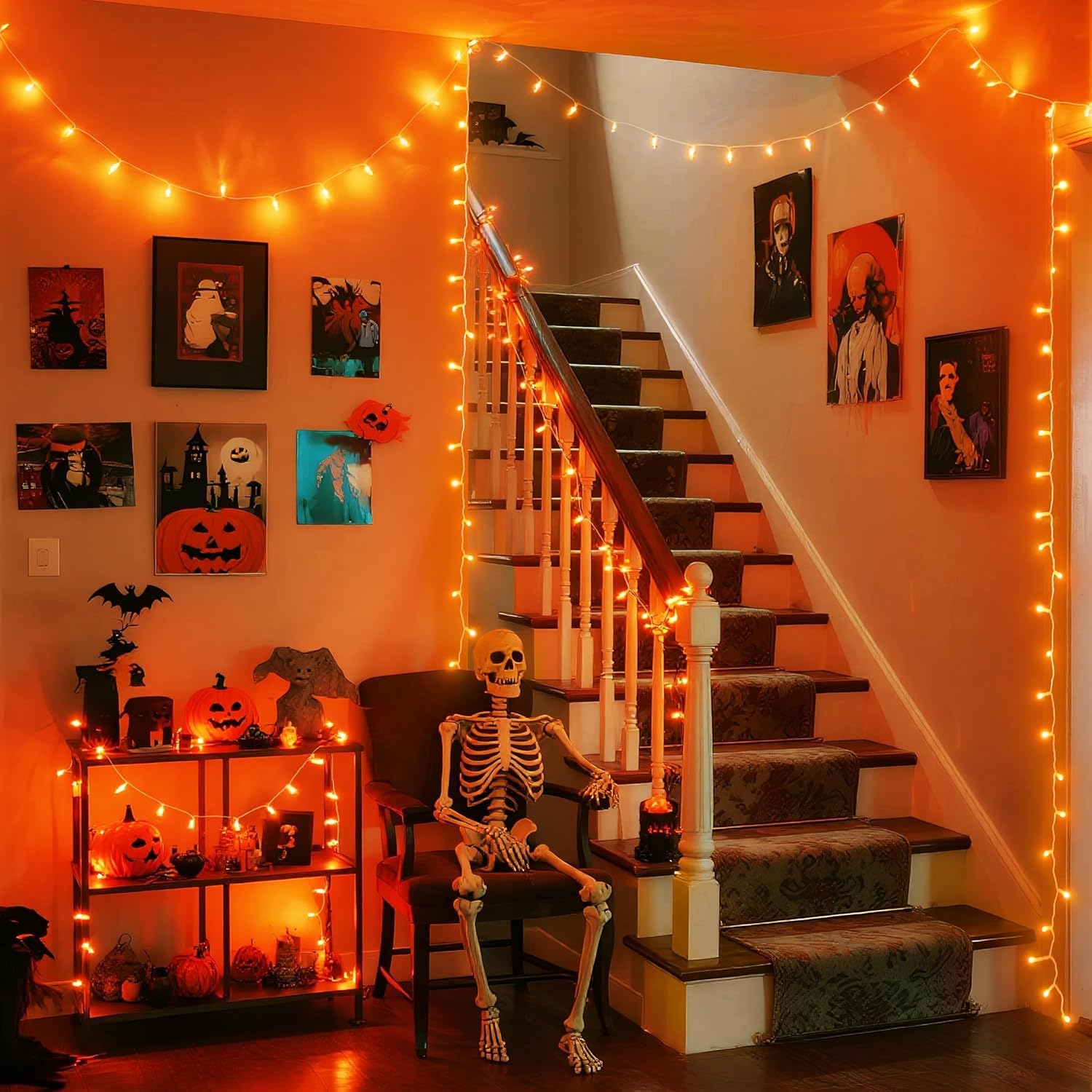 JMEXSUSS 150 LED Orange Halloween String Lights, 59 FT, Indoor/Outdoor, Connectable, 8 Modes, Model EXS-S-0150