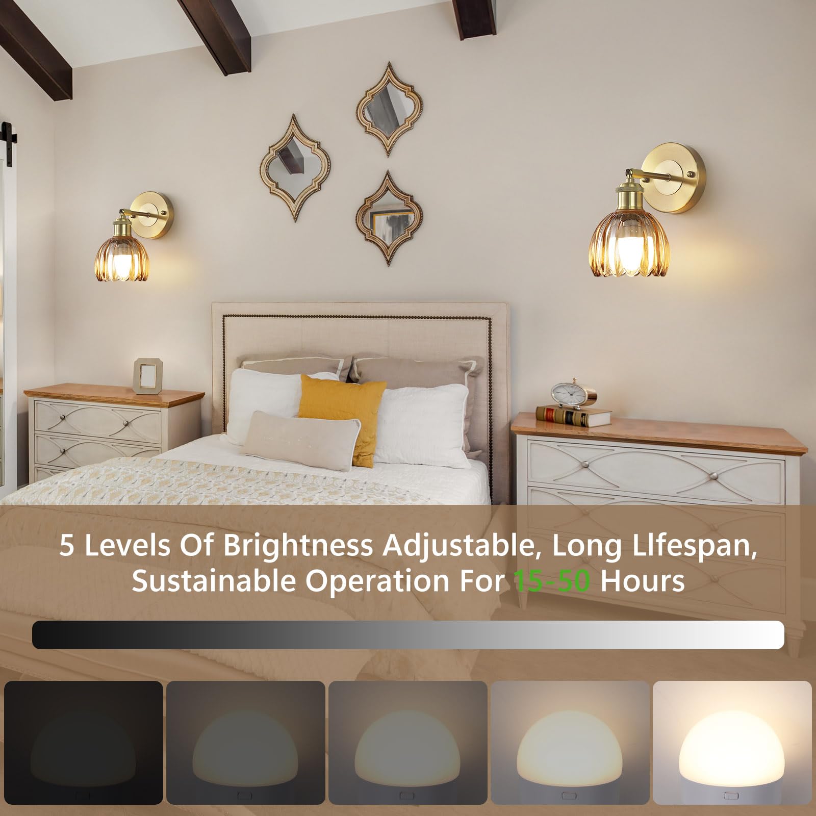 Vintage Battery Operated Wireless Wall Sconces, Rechargeable Gold Wall Lights, Amber Tulip Glass Lampshade With Remote Dimmable