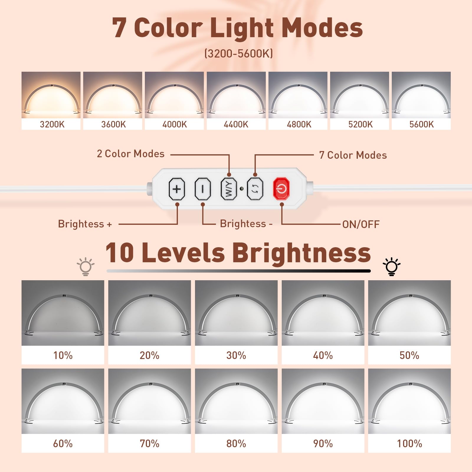 HITTI Half Moon Light for Nail Desk, Foldable with Phone Holder, 7 Color Modes, 10 Brightness, Oval Head, White, Model MJBYL-Pink