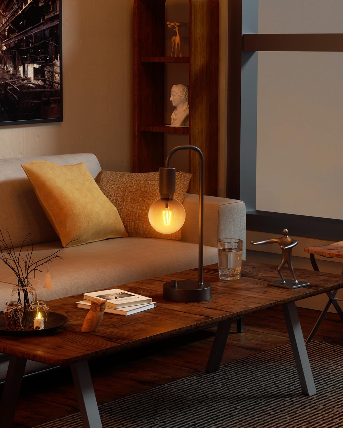 Onewish Industrial Table Lamp For Bedroom, Fully Dimmable Modern Bedside Lamps With 2700K Warm Light Bulb For Kids Reading, Mini