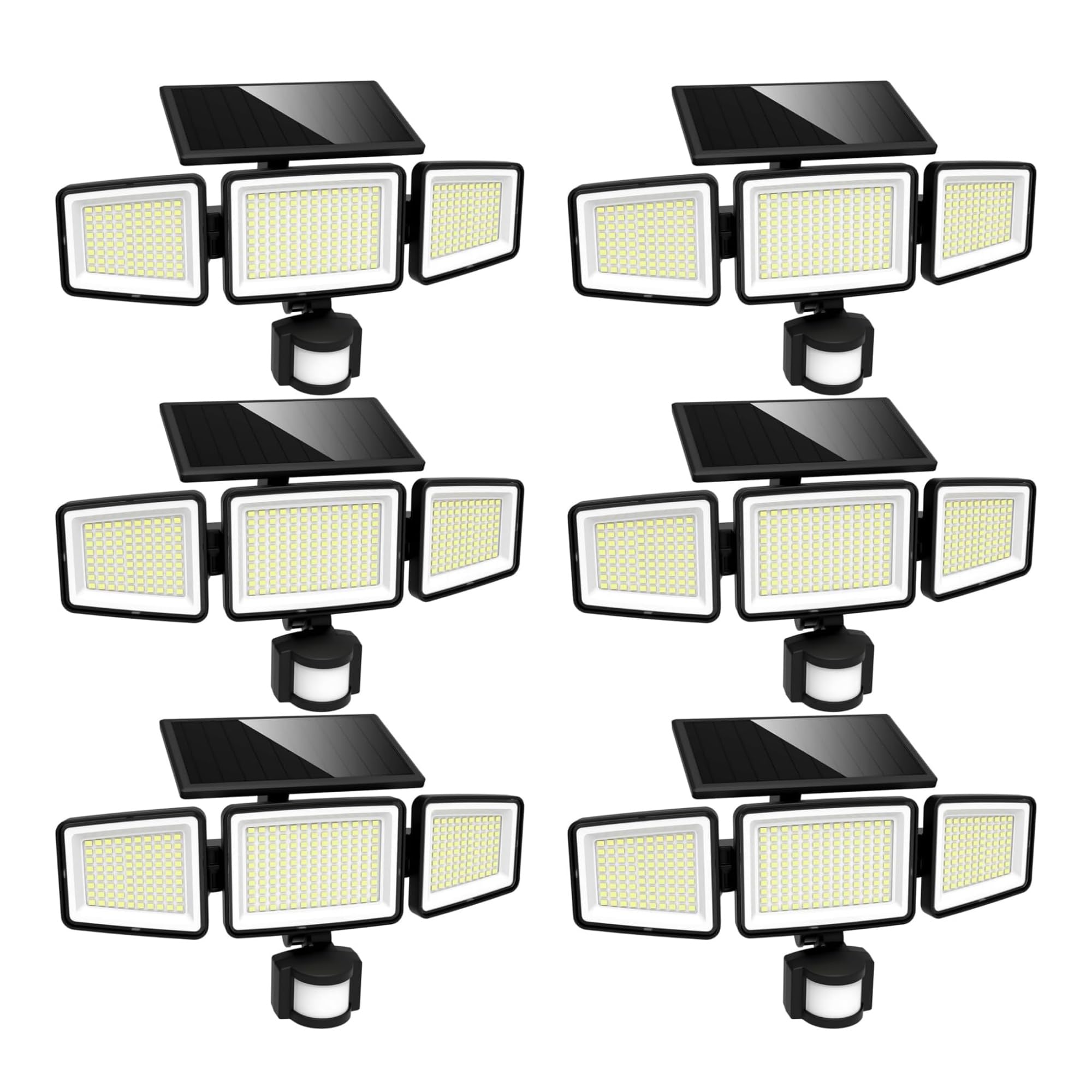 UME Solar Outdoor Lights 302 LED 3000LM, 3 Heads, IP65 Waterproof, Motion Sensor, 6 Pack, Black