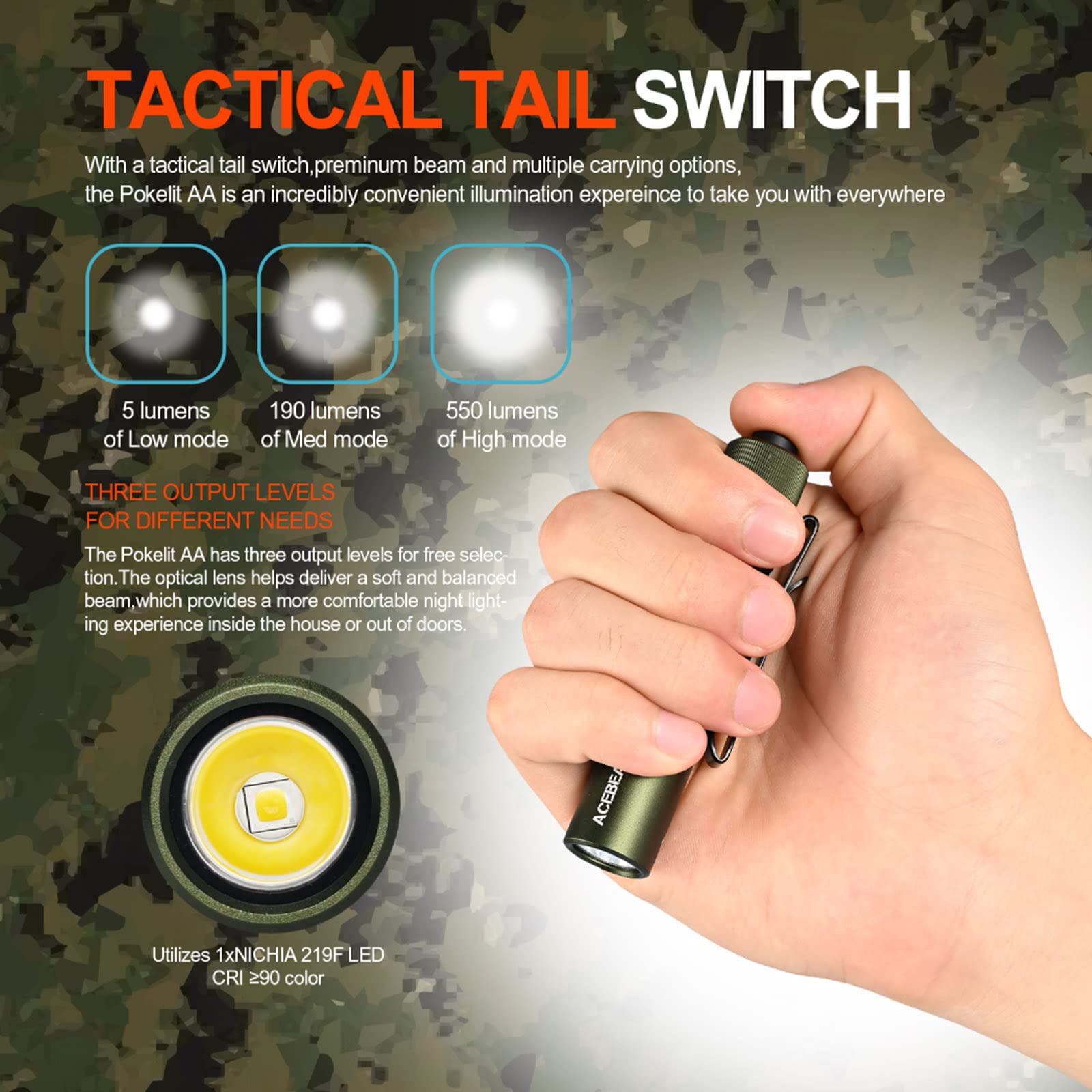 ACEBEAM Pokelit AA Rechargeable Mini Flashlight, 550 Lumens, Aluminum, Dark Green, EDC for Camping & Hiking
