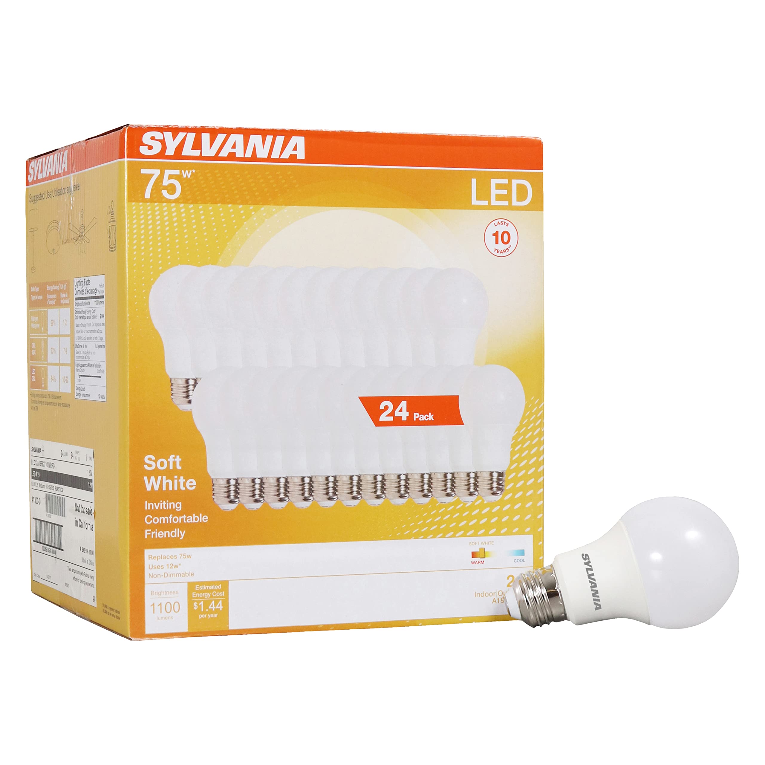 Sylvania Led Light Bulb, 75W Equivalent A19, Efficient 12W, Medium Base, Frosted Finish, 1100 Lumen, Soft White - 24 Pack (41300