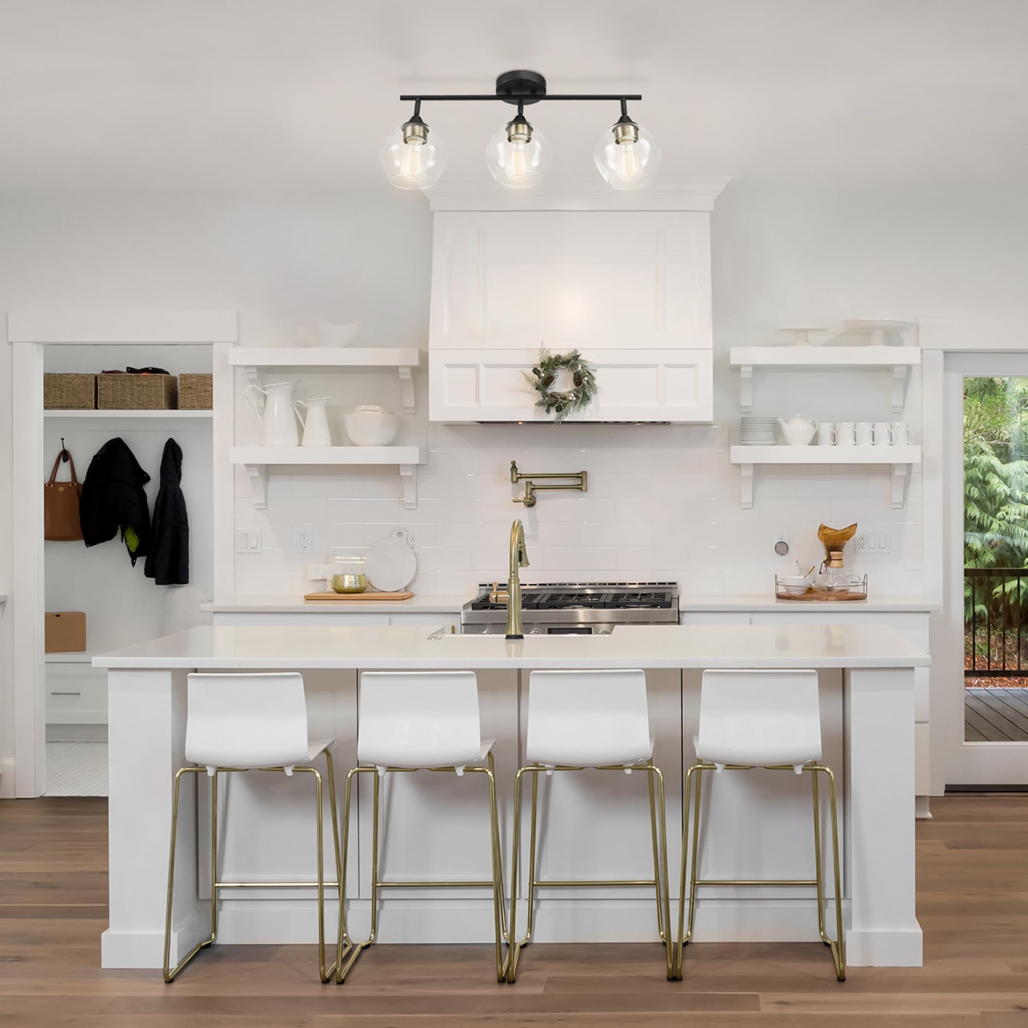 Globe Electric 59619 Harrow 3-Light Track Lighting, Matte Black, Antique Brass Accents, Clear Glass Shades, Bulbs Included, 650