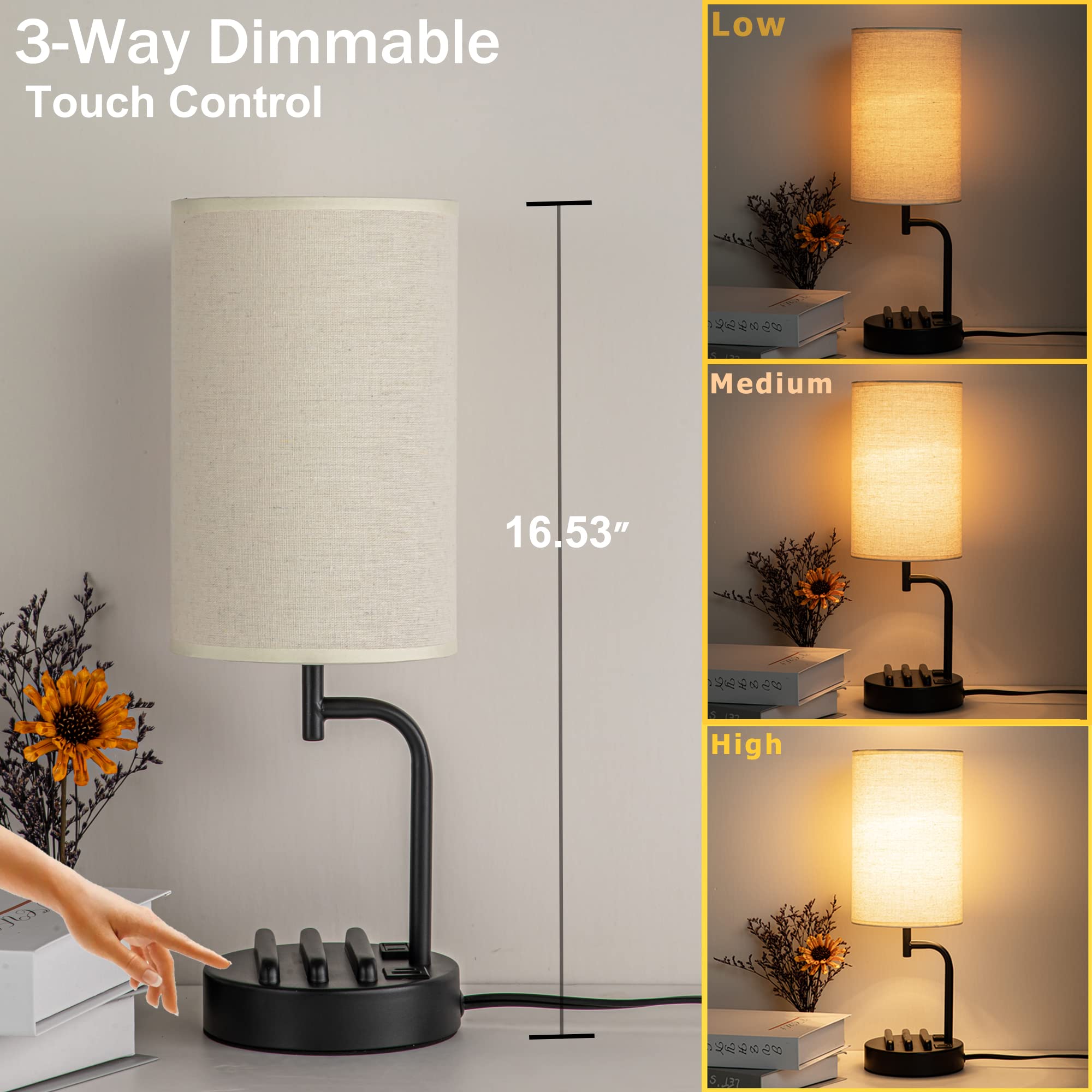 Dreamholder Touch Control Usb Table Lamp, Upgraded 3-Way Dimmable Bedside Desk Lamp With Usb C & A Charging Ports And Ac Outlet,