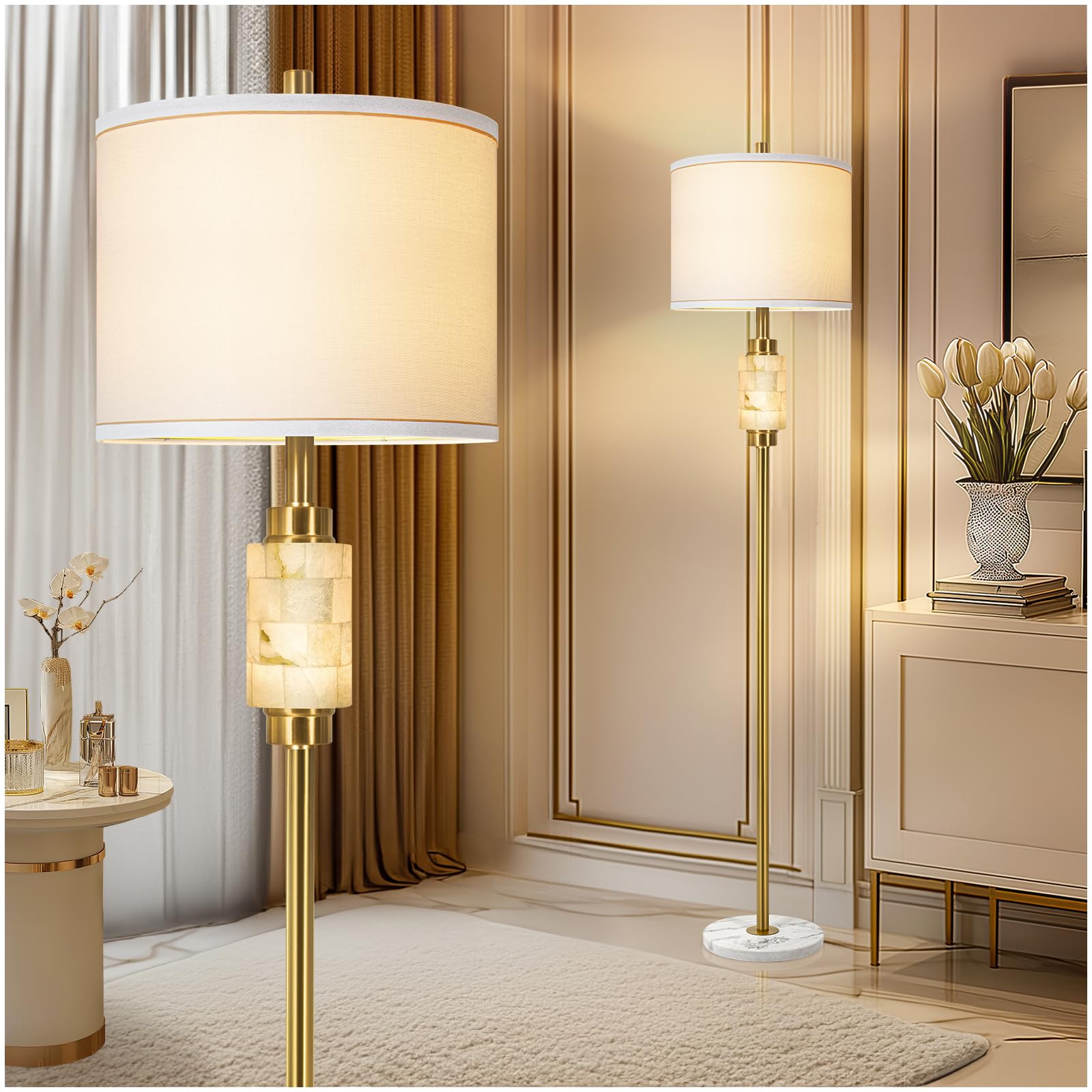 KIVDITZO Natural Alabaster Rustic Floor Lamp with Night Light for Living Room,Marble Base Standing Lamp with White Linen Fabric 