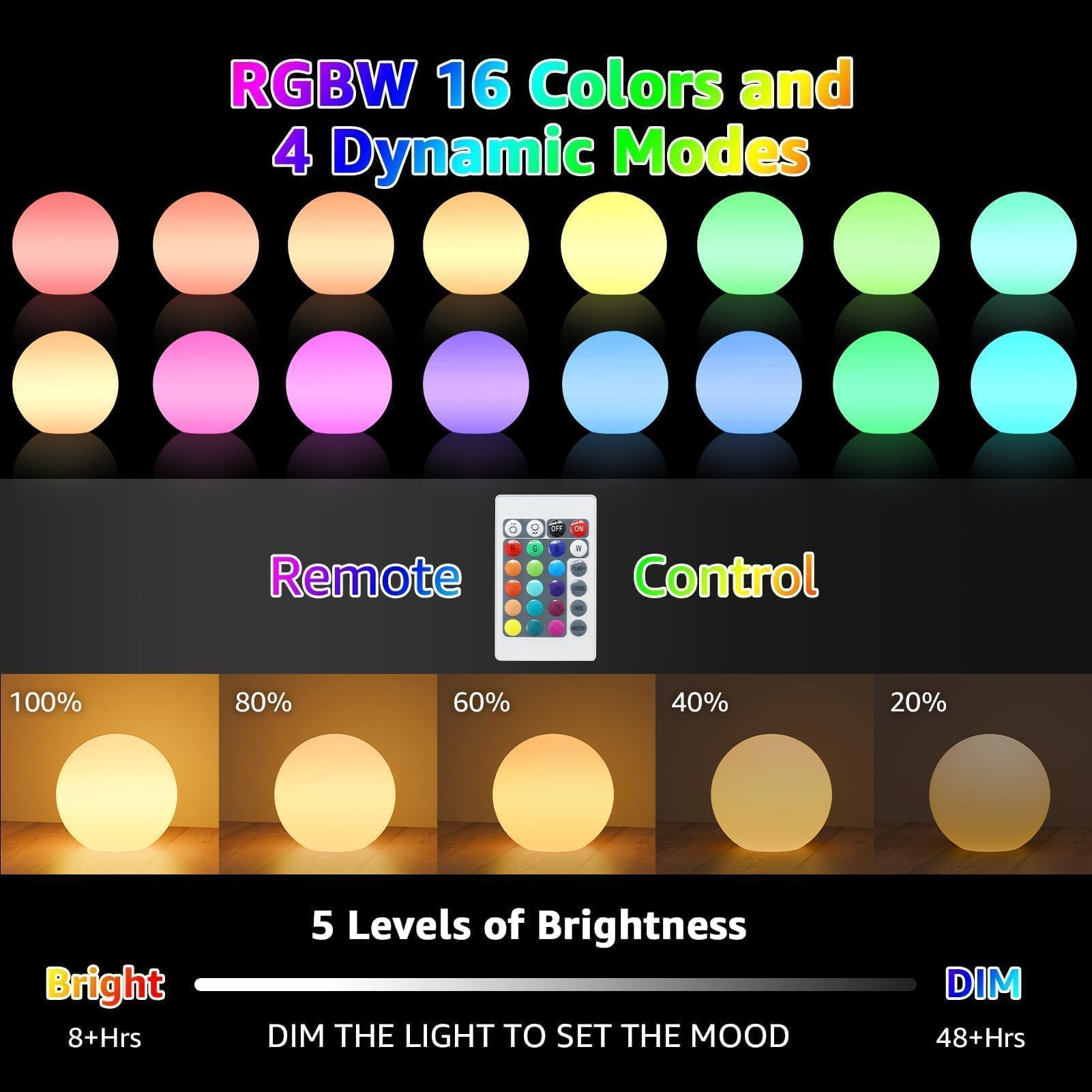 FUYO LED Ball Light, 12-inch Solar Light Up Pool Balls, Rechargeable & Remote Control Globe Lights 16 RGB Colors Mood Night Ligh