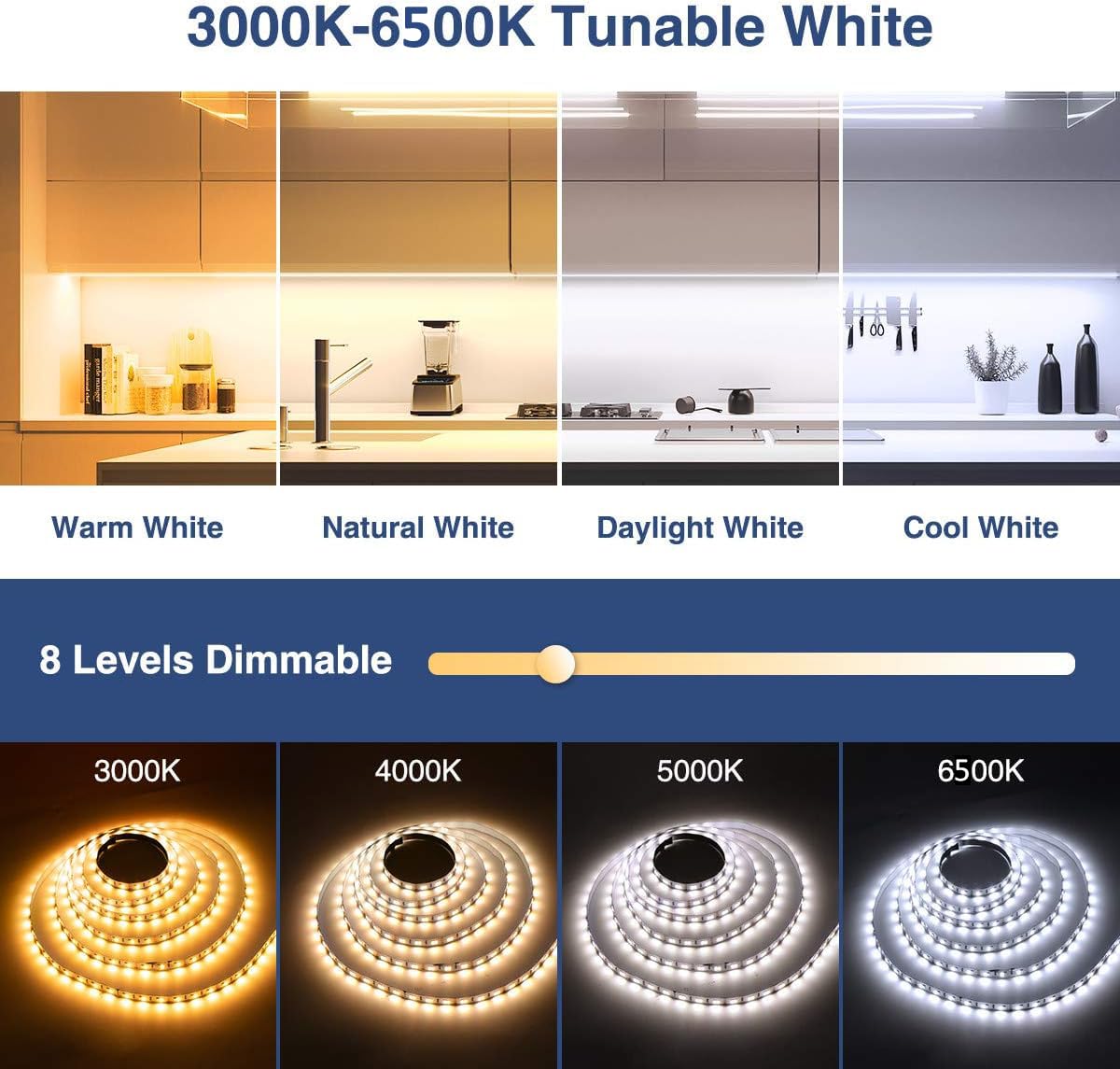 Ustarus Led Strip Lights White 52.5Ft 24V Dimmable 3000K-6000K Led Tape Rope Light With Remote Flexible 2835 Led Ribbon For Kitc