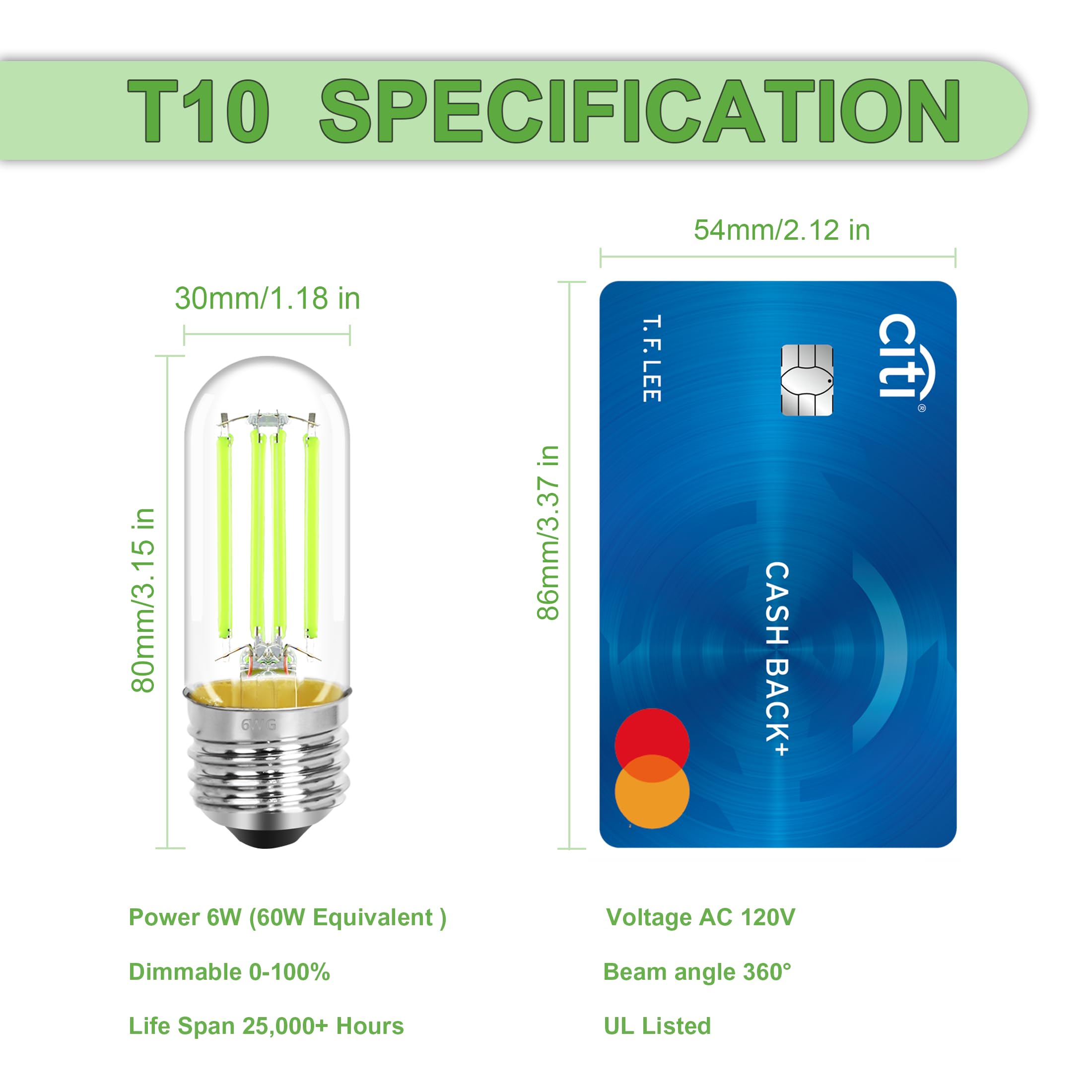 Novelux 4 Pack 3.2 Inch T10 Green Light Bulb, E26 Base Edison Bulbs Dimmable, Ac 120V 60 Watt Equivalent Clear Glass Filament Bulb, Halloween Christmas Party Bar Colored Light Bulbs, Ul Listed