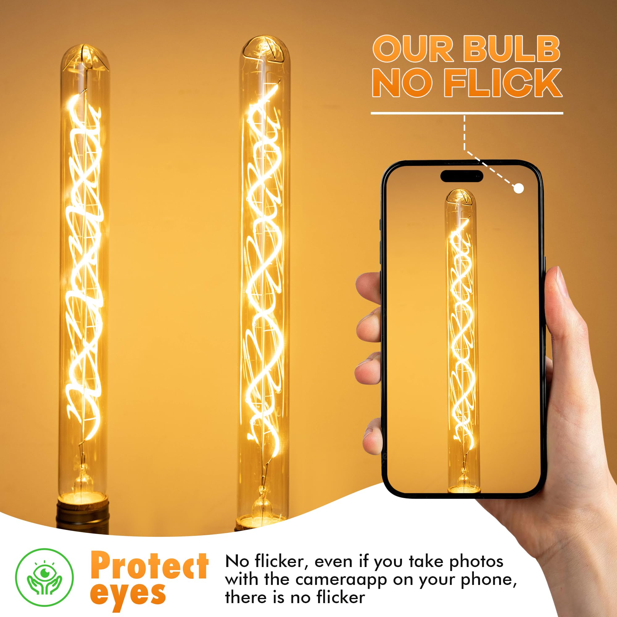 Grensk E26 Long Tubular LED Bulbs, 40W Amber Spiral Edison, 11.8inch T300, Dimmable Vintage Filament, 2700K Warm White,