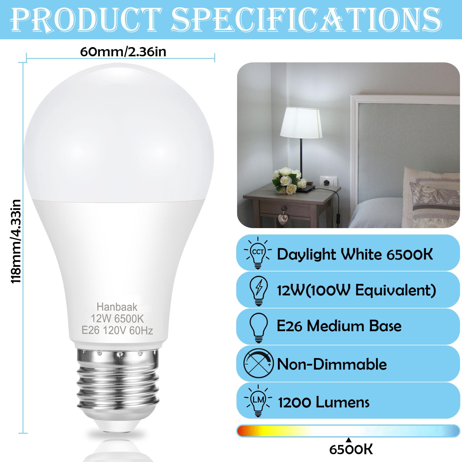 Hanbaak E26 Led Bulb, 100W Equivalent Light Bulb, 12W Medium Base Bulb, Non-Dimmable, Daylight White 6500K, 1200Lumen, 10Packs
