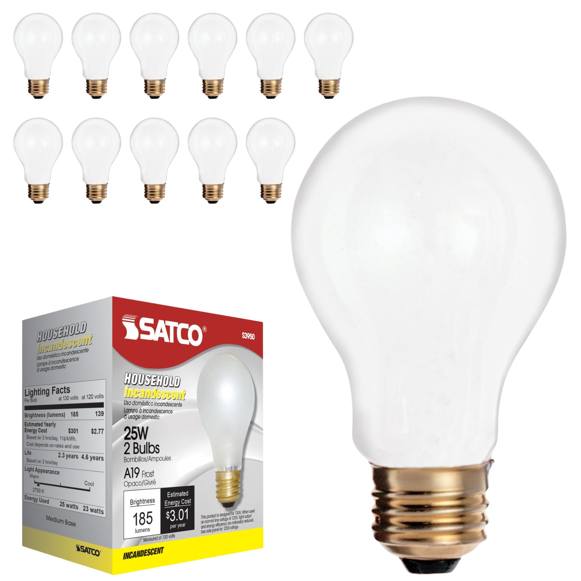 Satco S3950 A19 Incandescent Bulb, 25W, 130V, Frosted Finish, 180 Lumens, Medium E26 Base, Dimmable, 2700K Warm White, 2,500 Hou