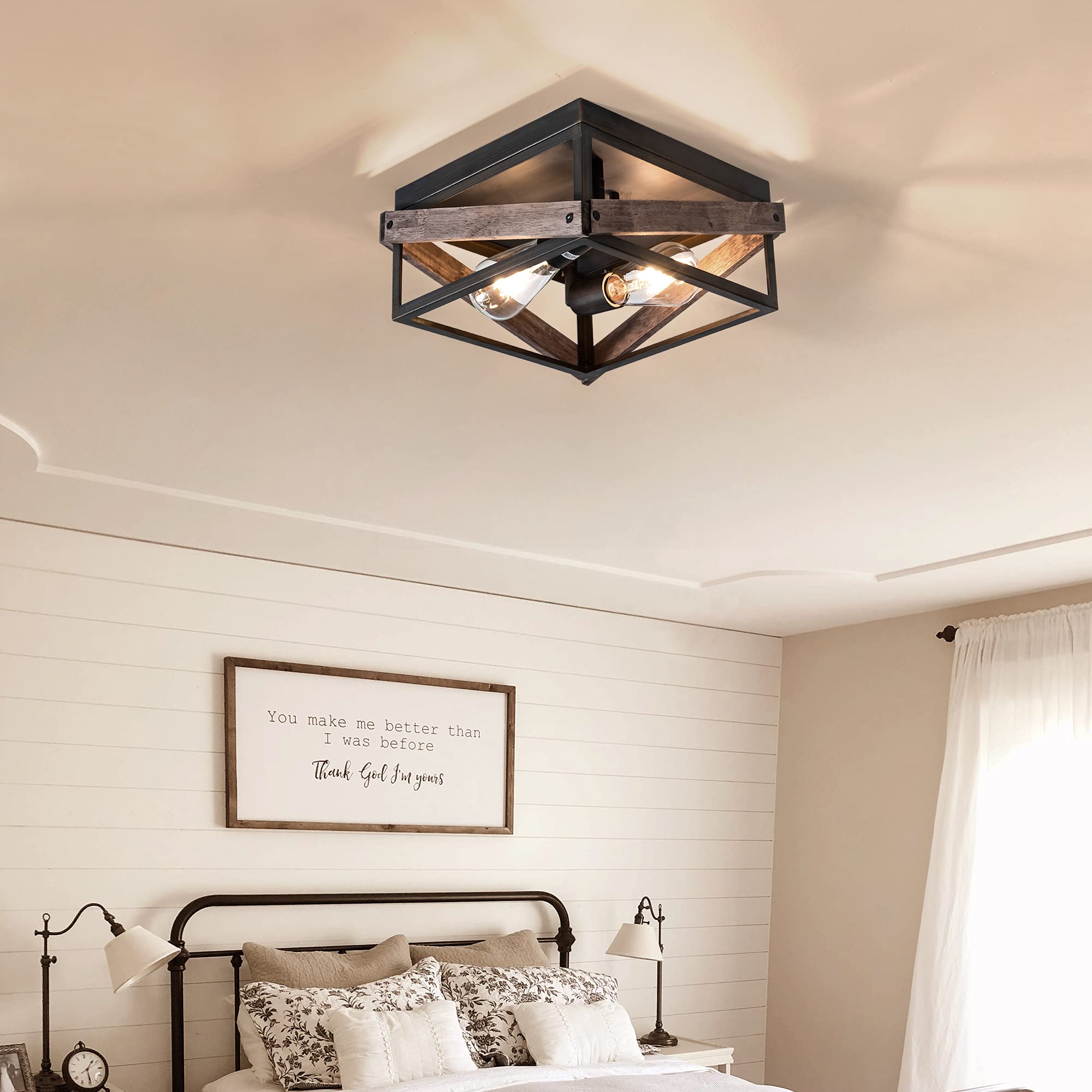 Mayful 2-Light Flush Mount Ceiling Light, Rustic Brown Metal & Wood Fixture for Kitchen, Living Room, Bedroom, Entryway, Hallway