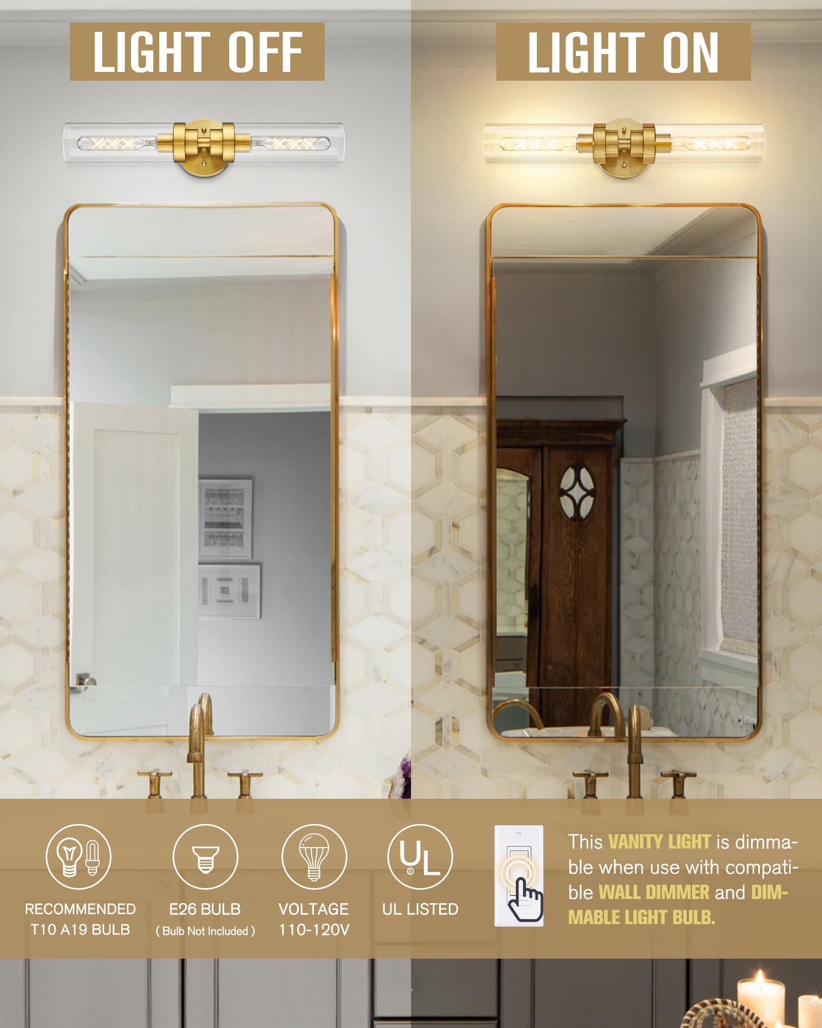 Emak 2-Light Bathroom Vanity Light Fixtures, Modern 22 Inch Brushed Gold Vanity Lights With Clear Glass Shade, Cylinder Wall Sco