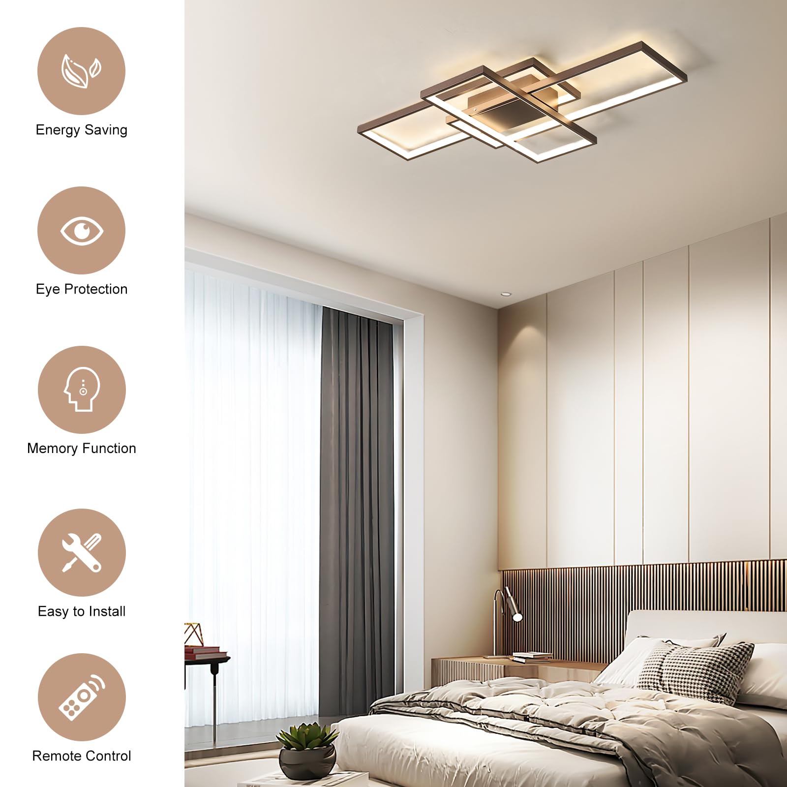 GEADI Modern Ceiling Light Fixture, Dimmable LED, 50W, 35.4in, Coffee, Model 17025C