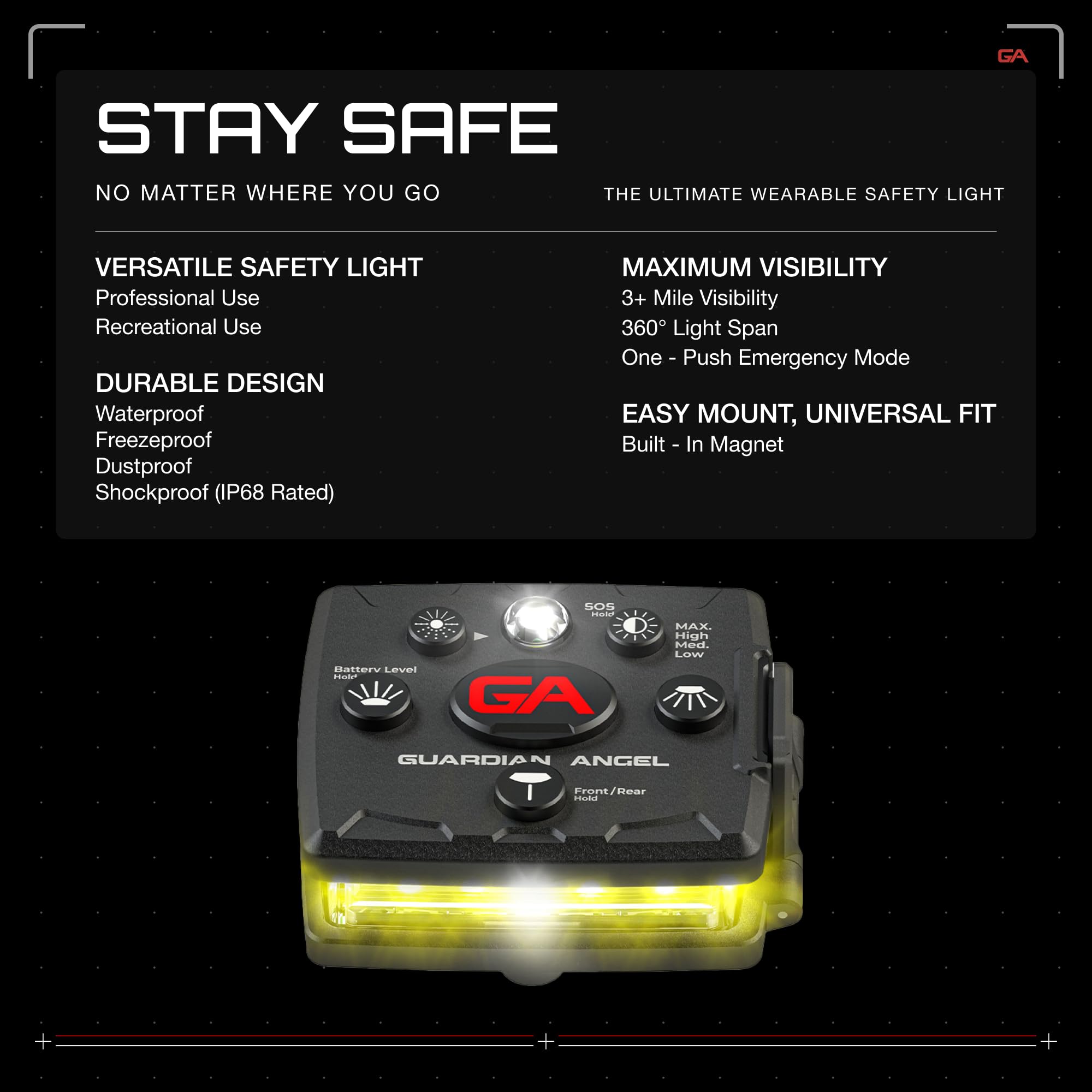 Guardian Angel Micro Series Safety Lights, Beacon Device (Yellow Front & Yellow Rear) |Rechargeable & Hands-Free Wearable LED Li