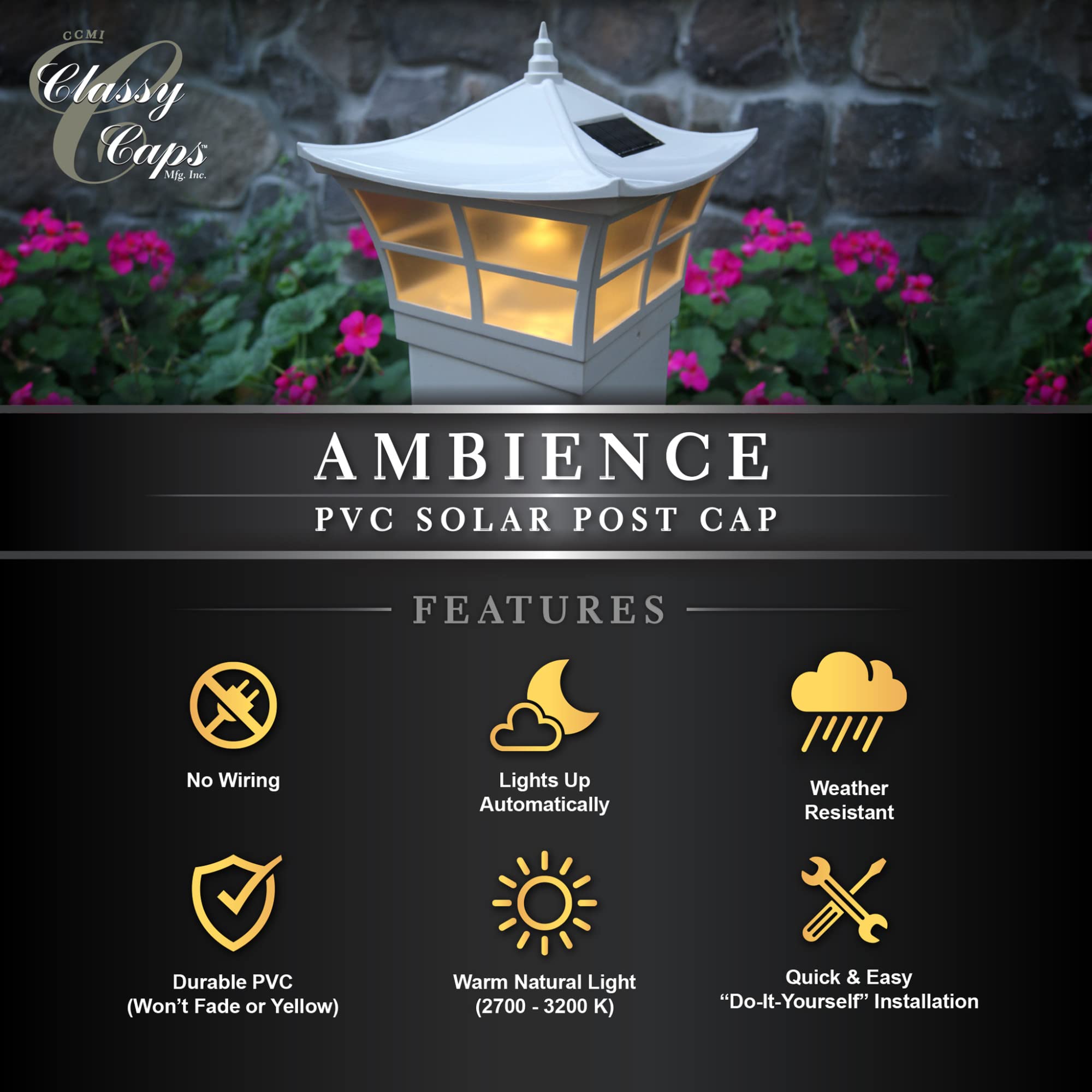 Classy Caps Sl092 Pvc Ambience Solar Post Cap, 4&quot; X 4&quot;, 5&quot; X 5&quot;, White