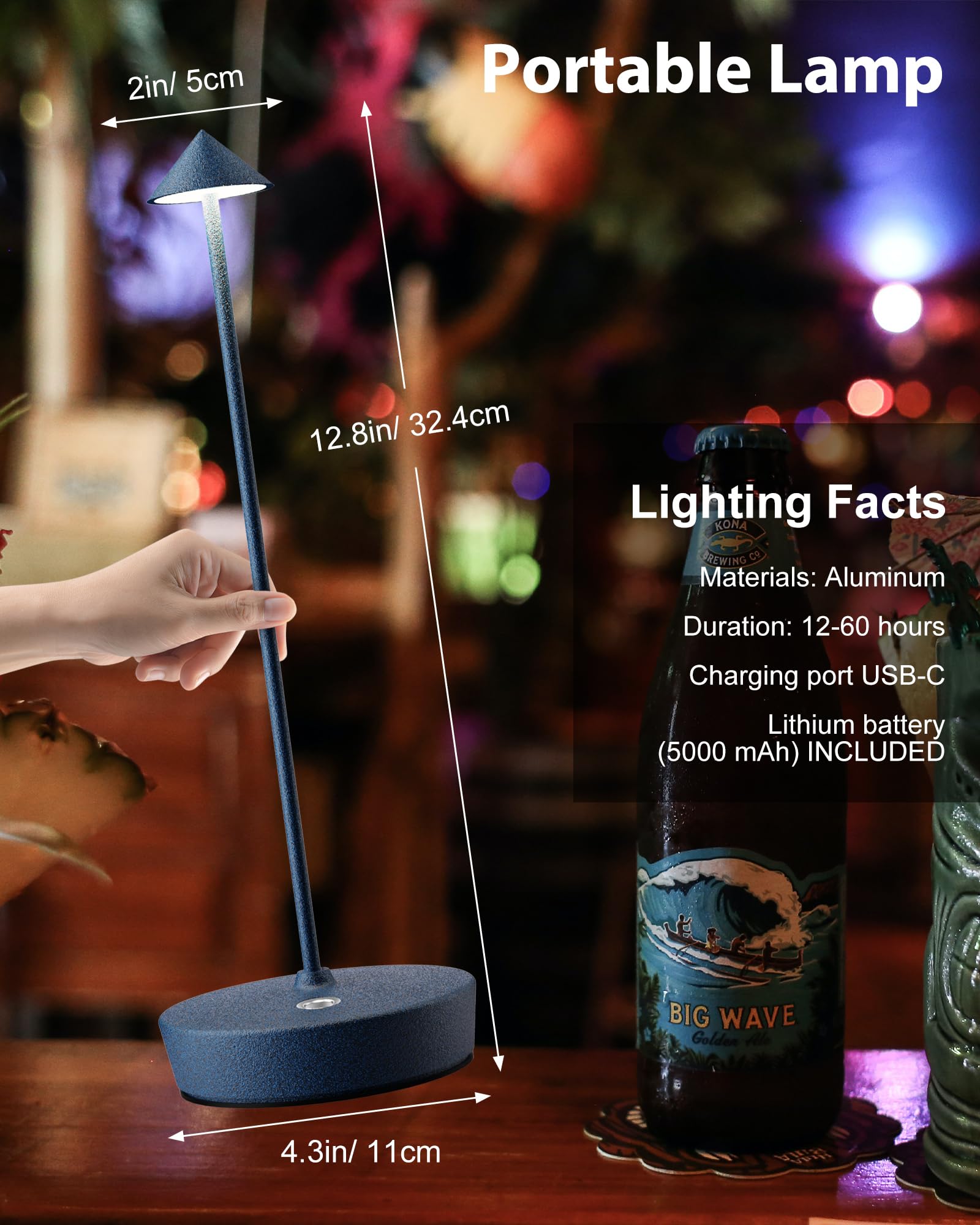 SHANGCAI Cordless LED Table Lamp, 6000mAh Rechargeable, Waterproof, Touch Dimmable, Blue, Model SC-X12-Blue