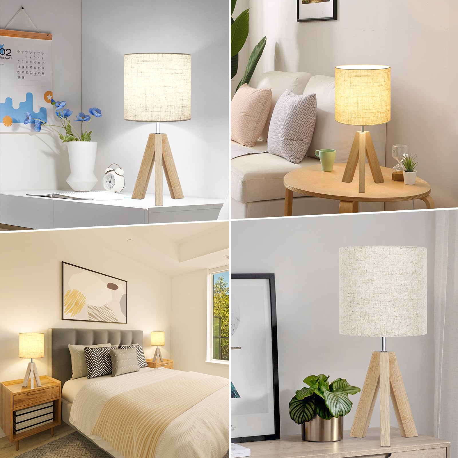 Small Table Lamp, Wooden Tripod Nightstand Lamp With Linen Fabric Shade, Cute Boho Modern Bedside Nightstand Lamp For Bedroom, L
