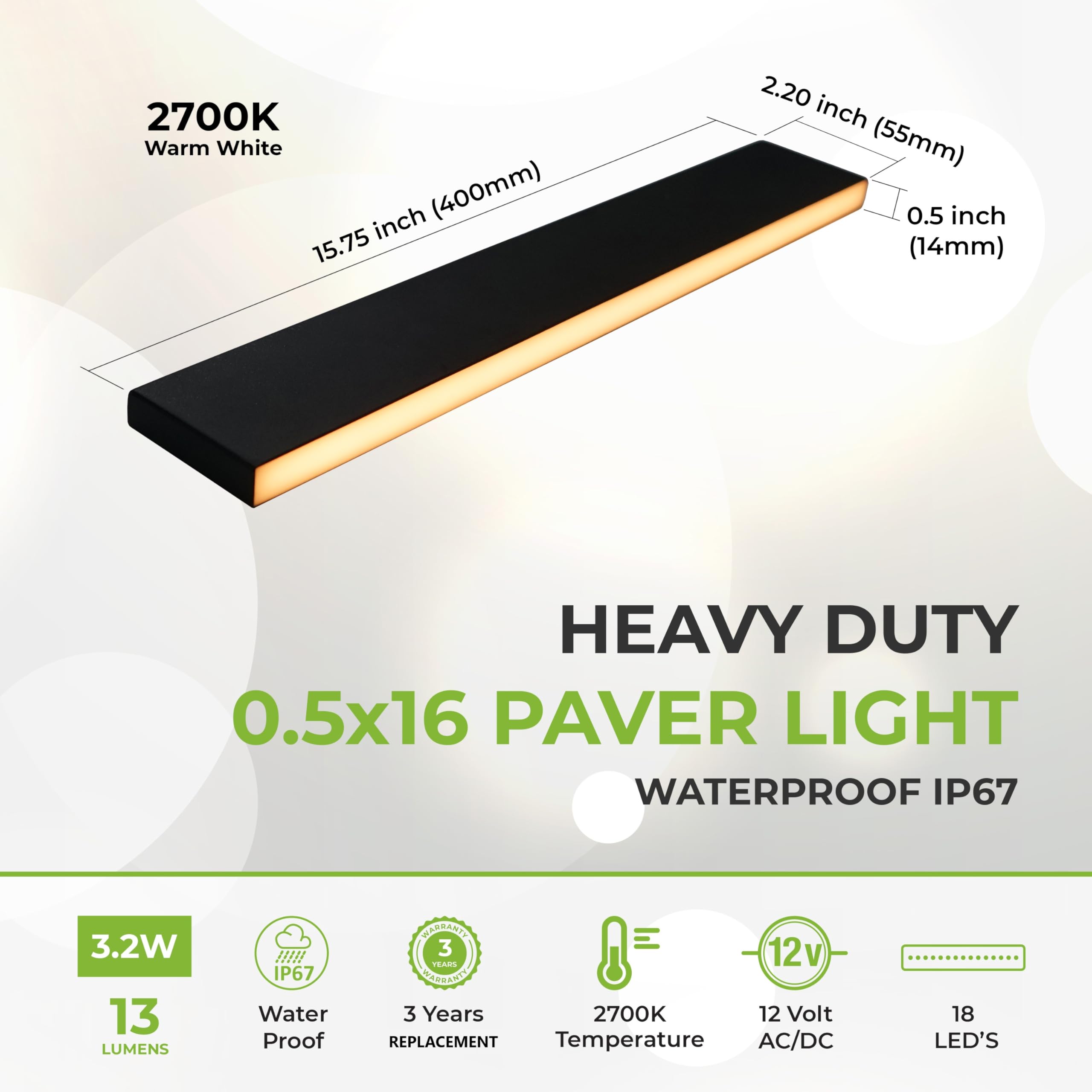 LUMENGY Paver Light Slim 0.5x16 Inch, 2700K Warm White, Stainless Steel, IP67 Waterproof, Drive-Over Rated, Model LMA-PVR-