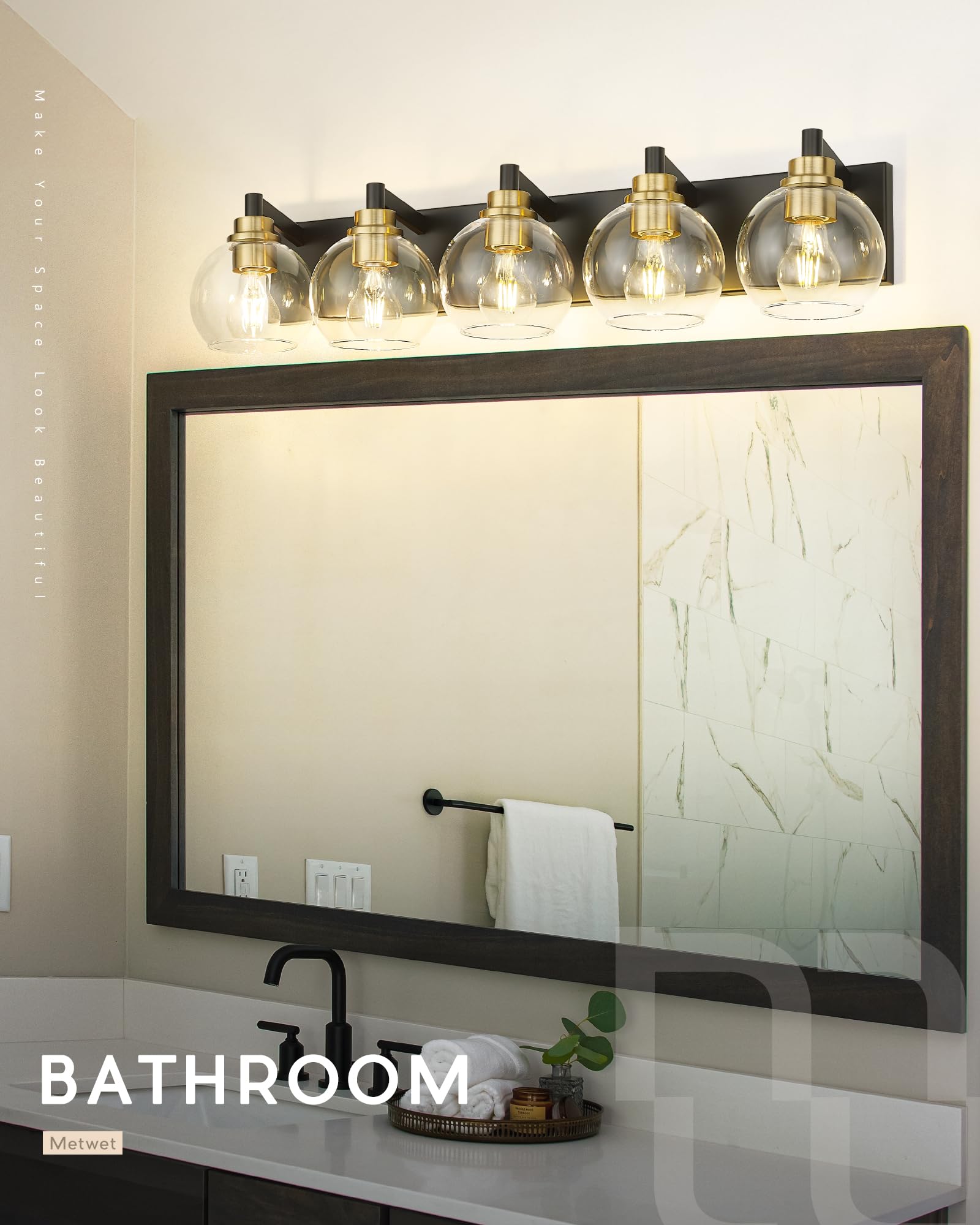 Metwet Bathroom Light Fixtures, 5-Light Black And Gold Bathroom Vanity Light, 32 Inch Modern Wall Sconces With Globe Clear Glass