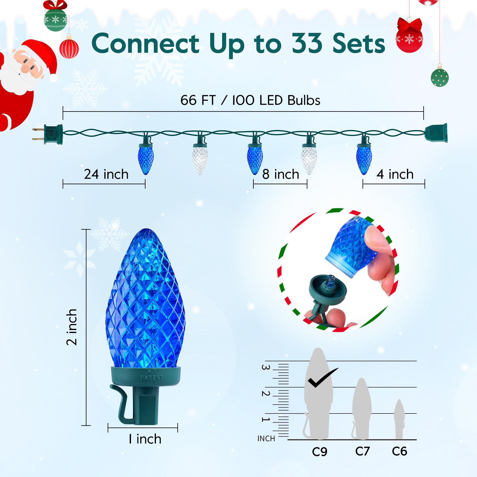 Brightown C9 LED String Lights, 66 ft, 100 Waterproof Bulbs, Blue and White, Commercial Grade for Outdoor Xmas Decoration